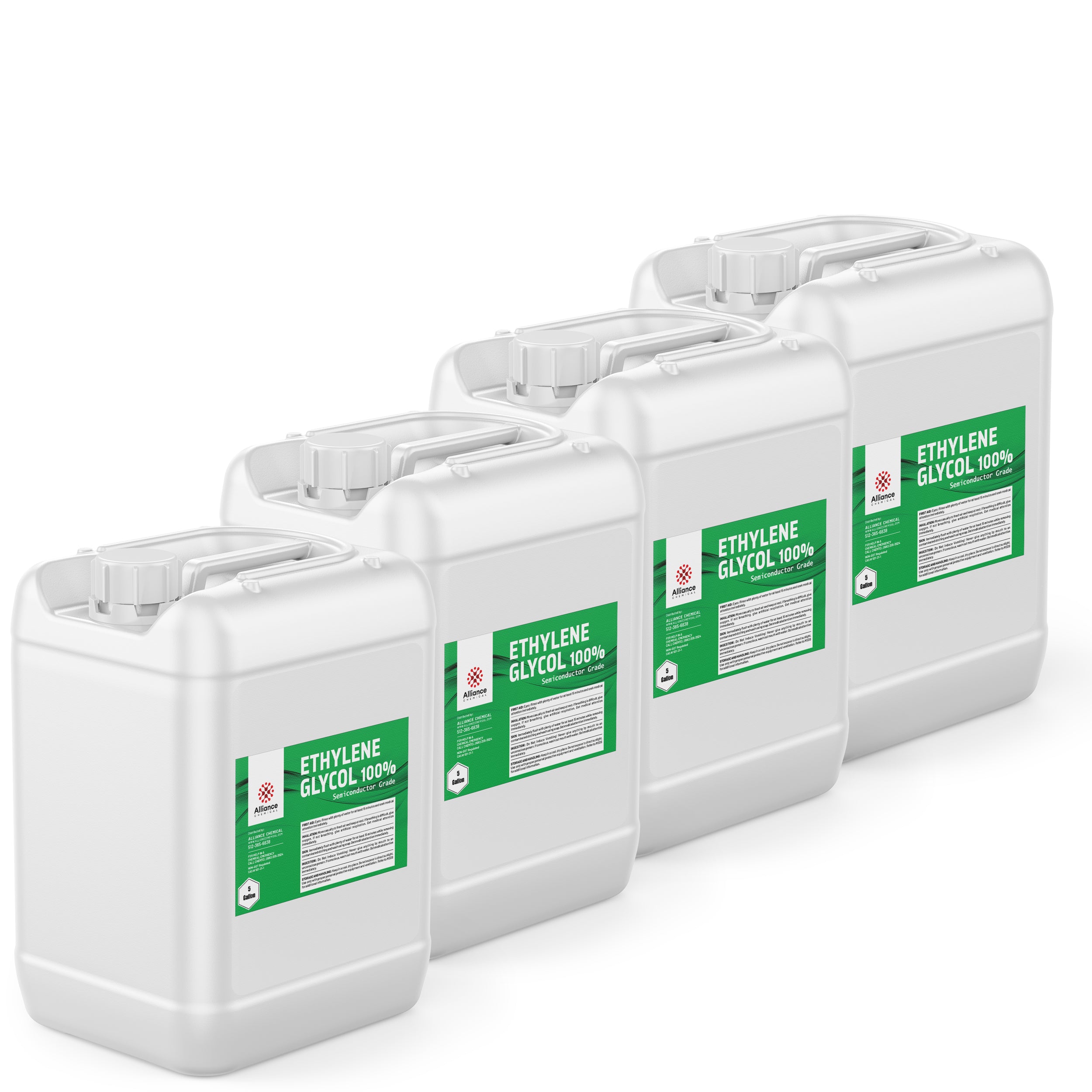 4x5-gallon white HDPE containers of 100% pure ethylene glycol semiconductor-grade chemical with green labeling and hazard symbols, industrial packaging.