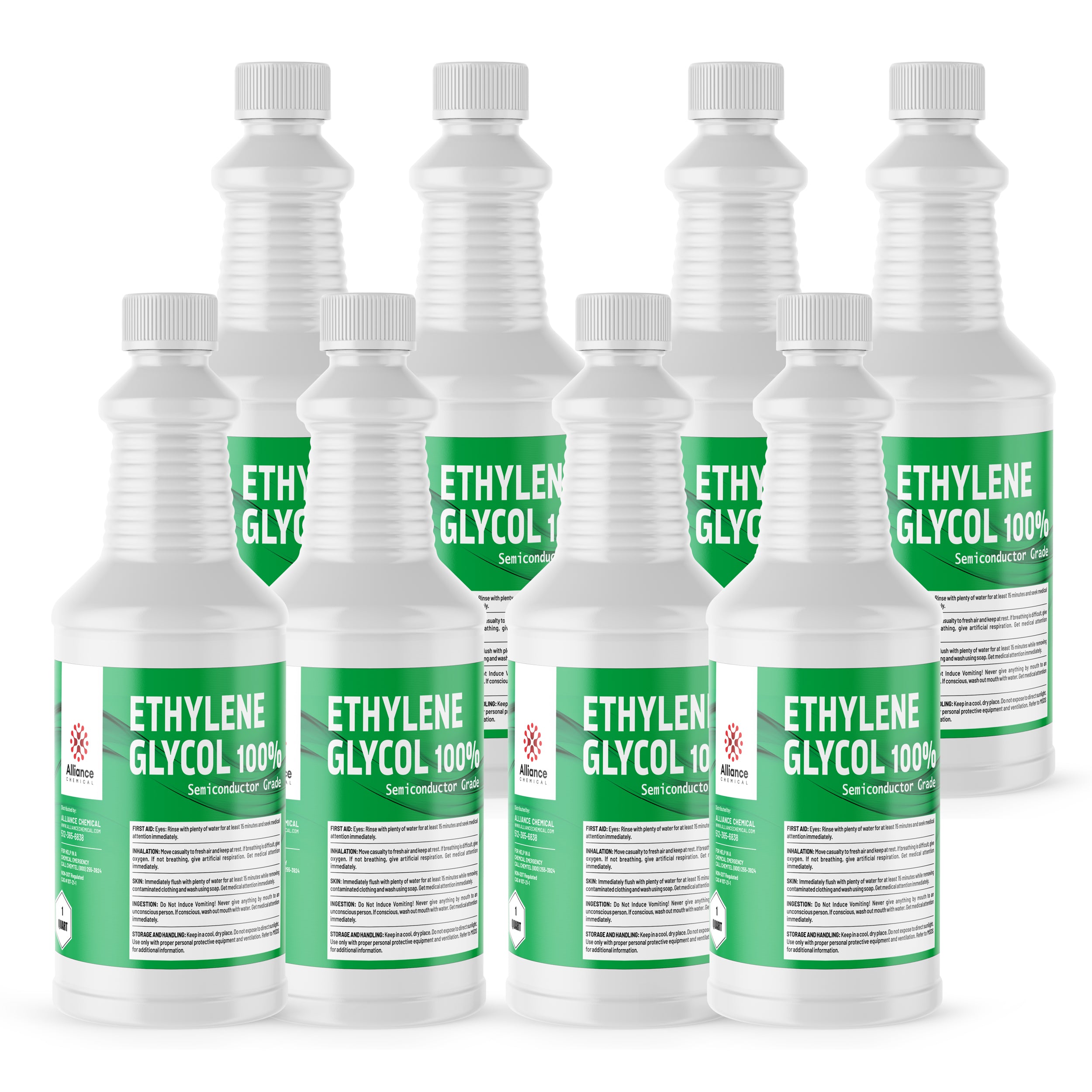 8x1 quart bottles of 100% semiconductor-grade ethylene glycol in white HDPE containers with green labels, Alliance Chemical brand, hazard warnings present.