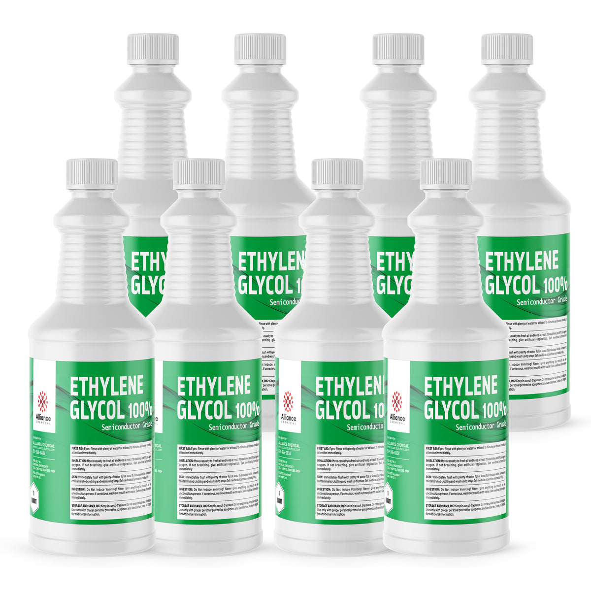 8x1 quart bottles of 100% semiconductor-grade ethylene glycol in HDPE containers Alliance Chemical brand, hazard warnings