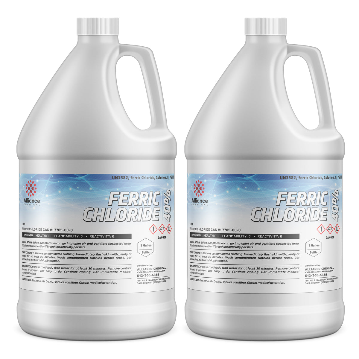 Two 1-gallon HDPE bottles of Alliance Chemical Ferric Chloride 40% with handles and white screw caps.