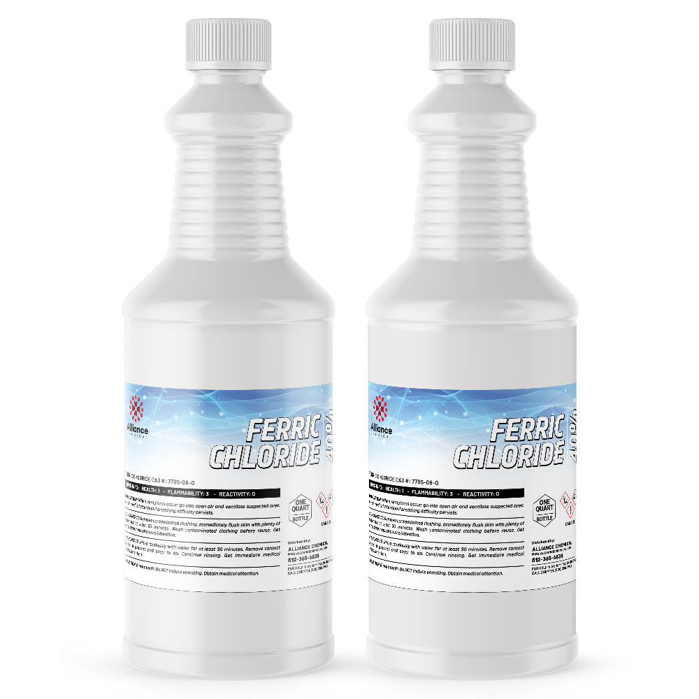 2-quart white HDPE bottles of 40% Ferric Chloride solution with blue safety labels, chemical warning symbols, and ribbed screw caps.