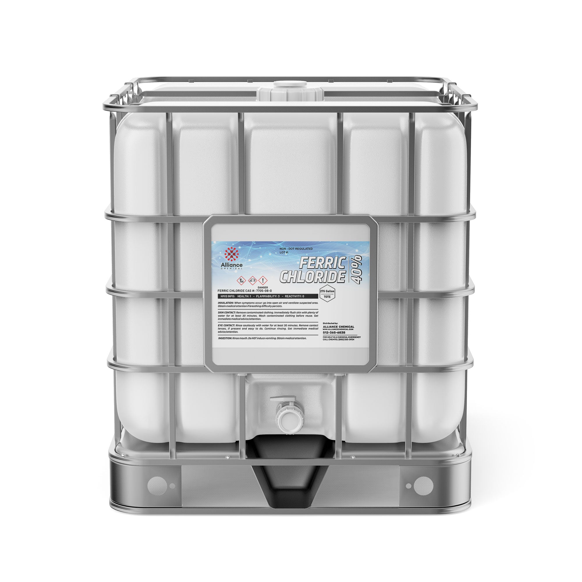 275-gallon IBC tote of Ferric Chloride 40% solution with metal cage frame, Alliance Chemical label, hazard warnings, and bottom discharge valve.