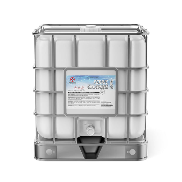 275-gallon IBC tote of Ferric Chloride 40% solution , Alliance Chemical label, hazard warnings