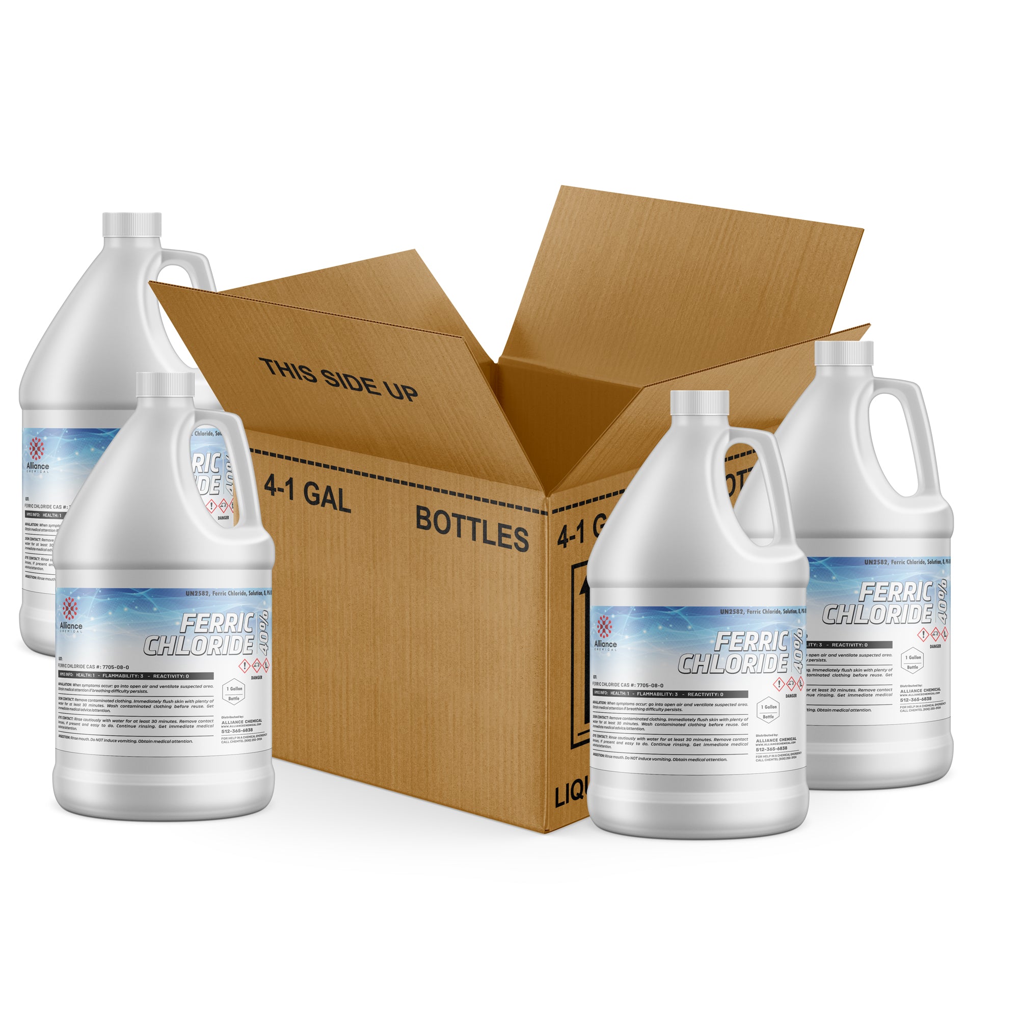 4x1-gallon Ferric Chloride 40% solution in HDPE bottles with chemical hazard labels, shipping box marked THIS SIDE UP for industrial use.