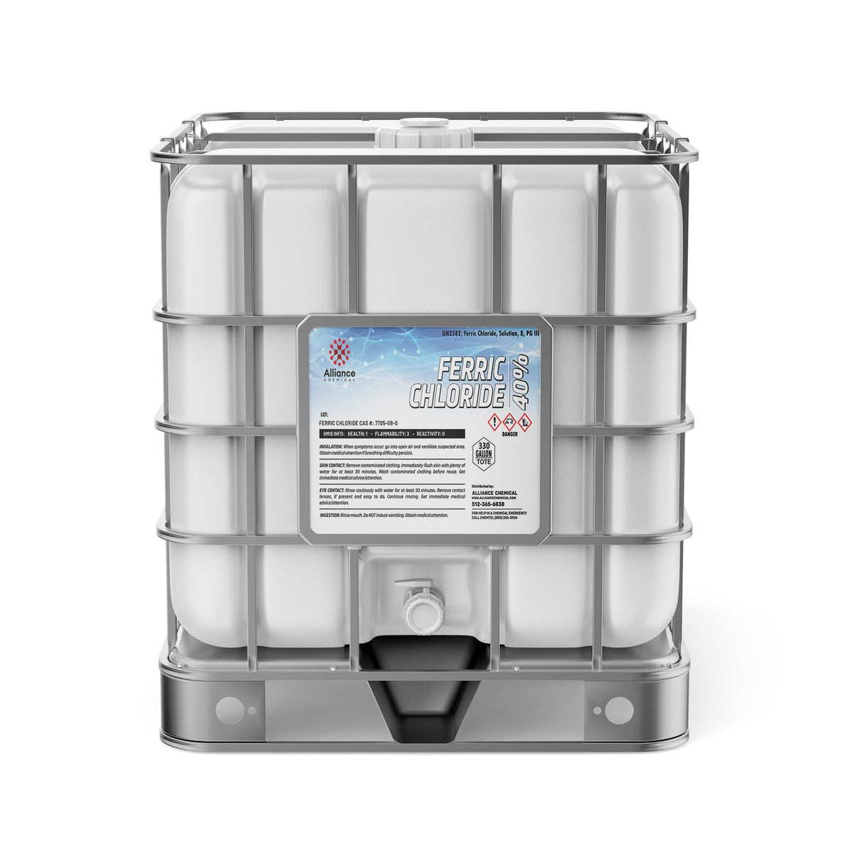 Alliance Chemical Ferric Chloride 40% 330-gallon plastic tote with a steel cage and safety label.