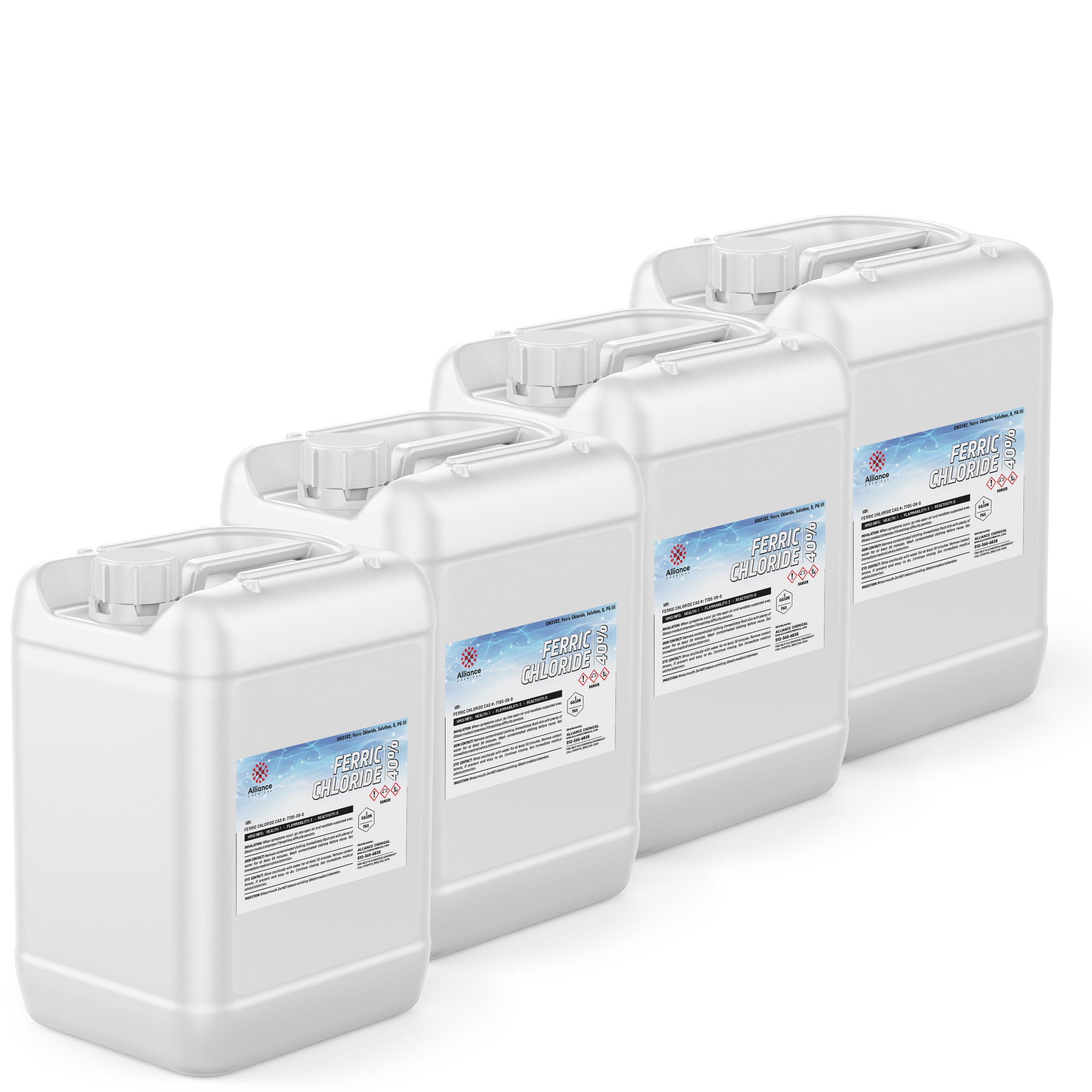 4x5-gallon white HDPE containers of Ferric Chloride 40% solution with hazard warning labels, chemical grade, stackable industrial jugs.