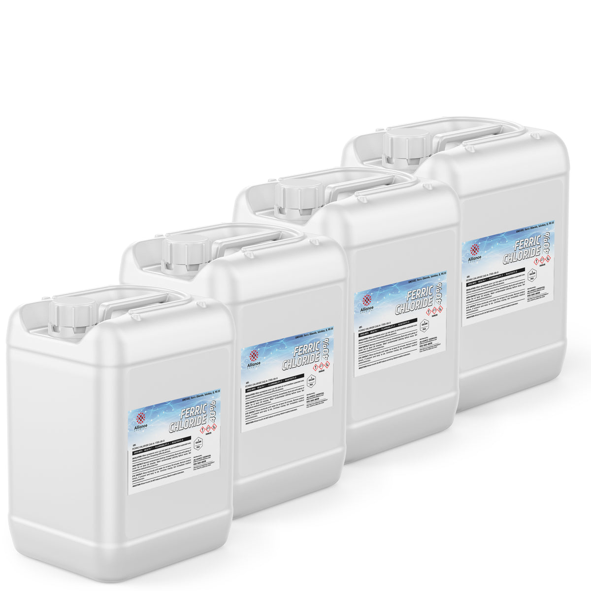Four 5-gallon HDPE pails of Alliance Chemical Ferric Chloride 40% with handles and product labels