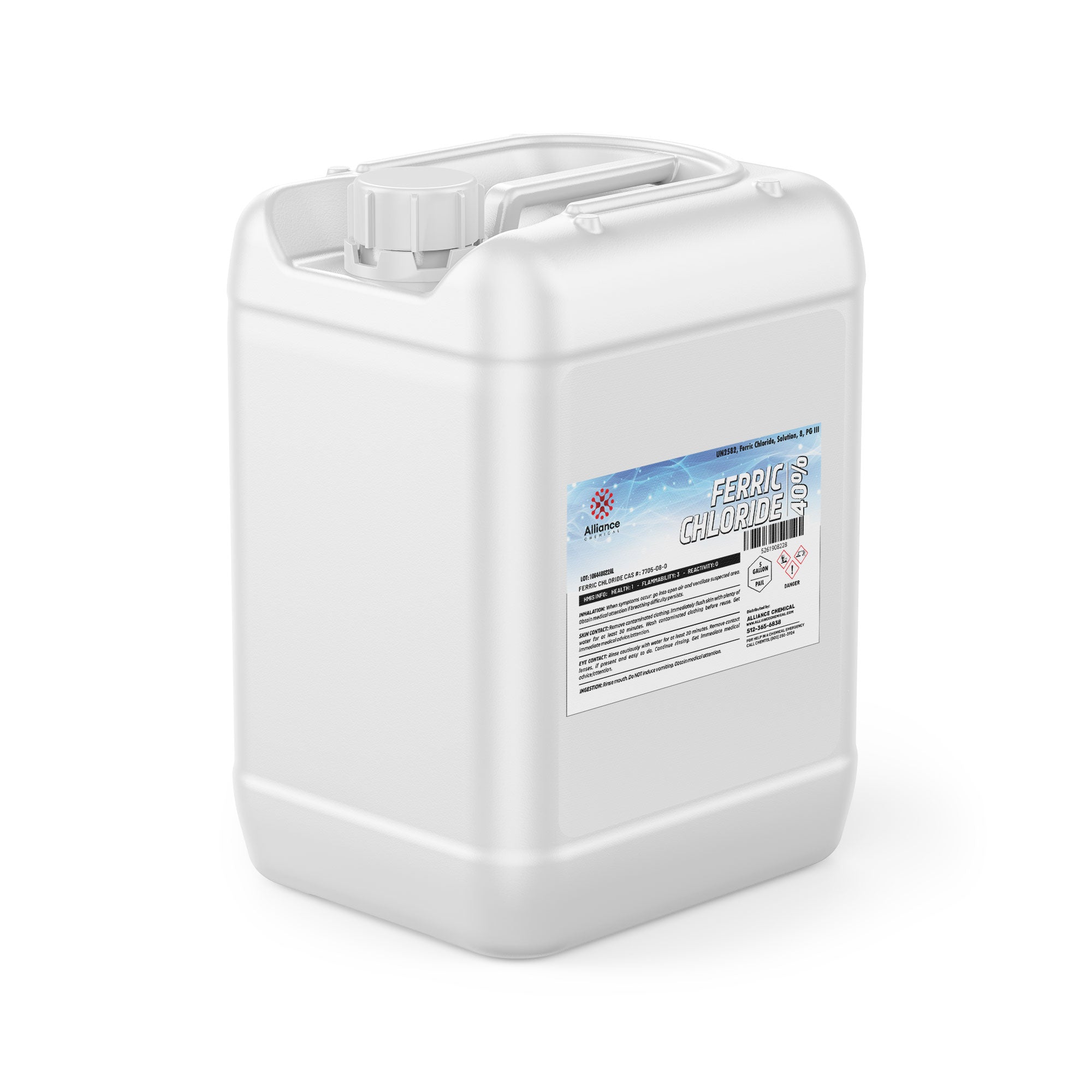 5-gallon white HDPE container of Ferric Chloride 40% solution with Alliance Chemical label, hazard warnings, and secure screw-top closure system.