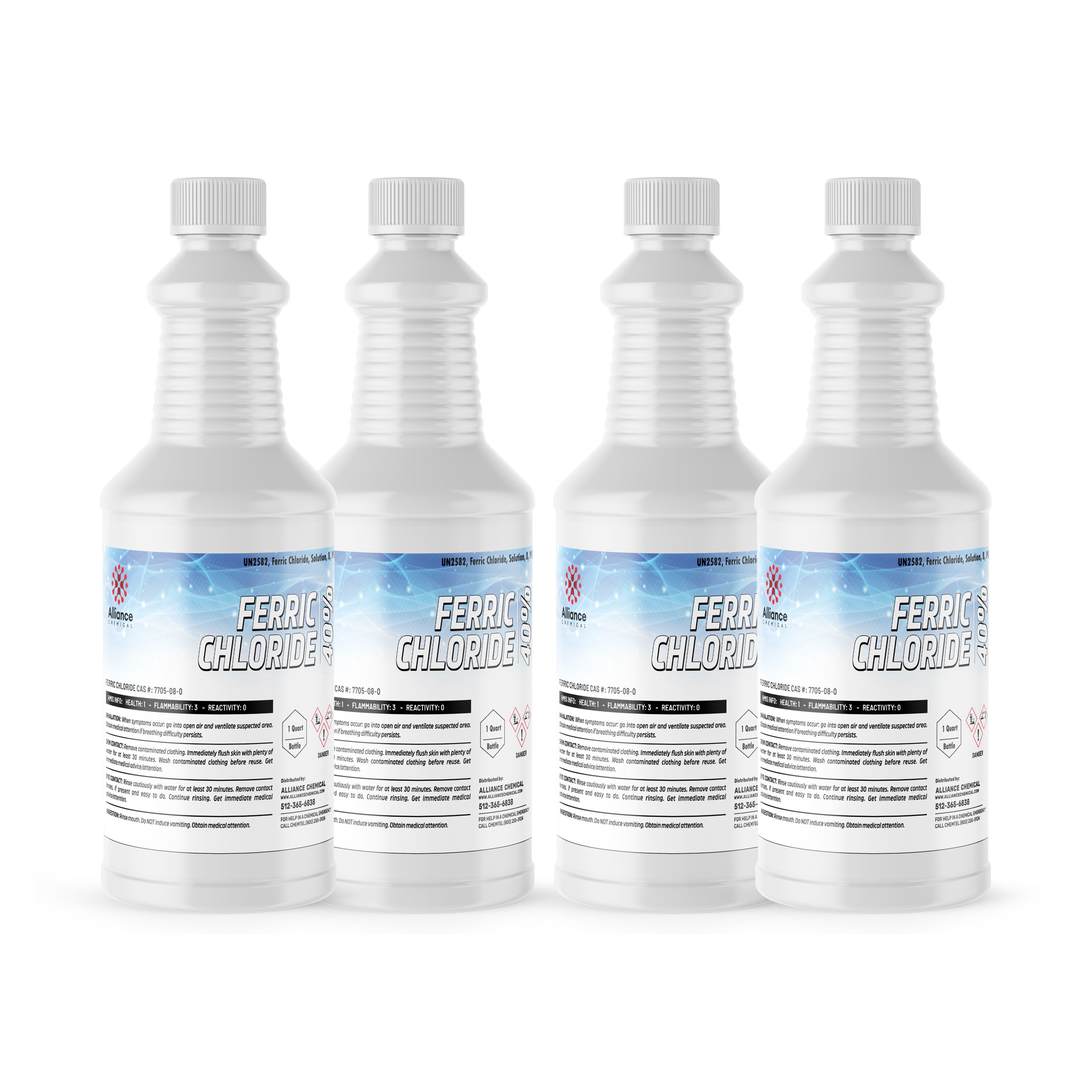 4x1 quart bottles of Ferric Chloride 40% solution in white HDPE containers with ribbed design, blue-gradient labels and hazard warnings, UN2582 marked.