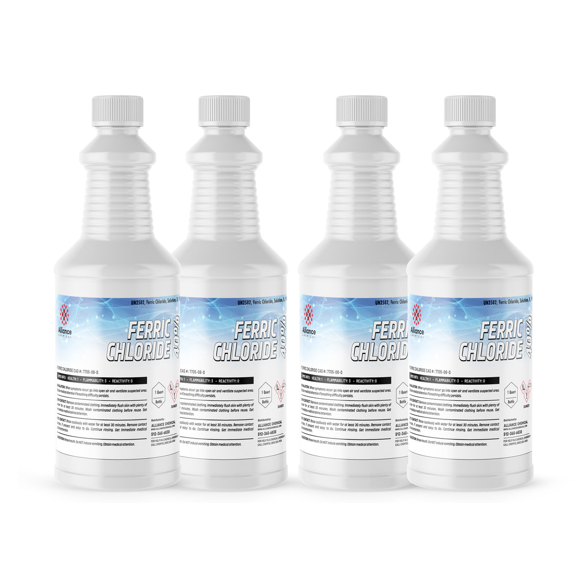 Four 1-quart Alliance Chemical Ferric Chloride 40% bottles with white screw caps and product labels.