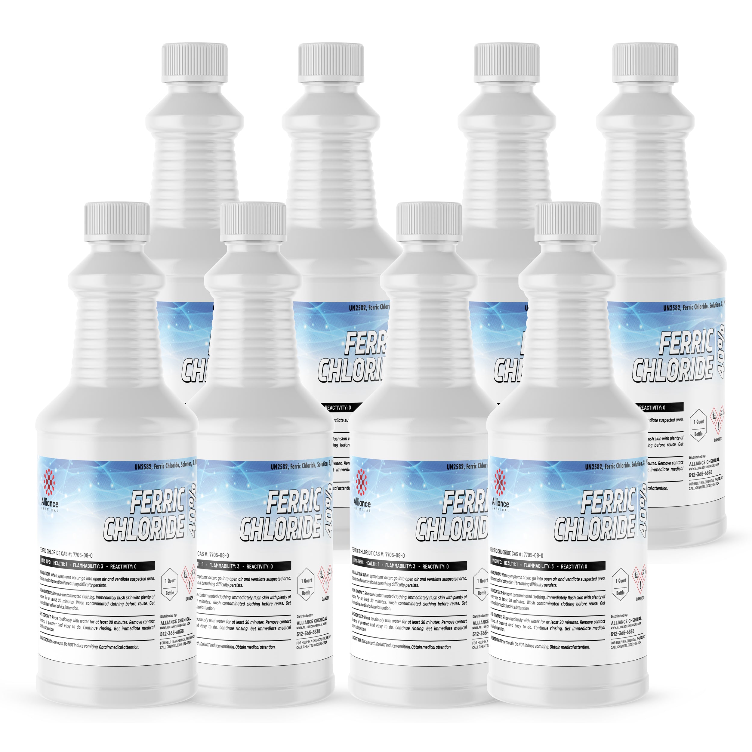 8x1 quart Ferric Chloride 40% solution in white HDPE bottles with blue-gradient labels, UN2582 designation, corrosive warning symbols and Alliance Chemical branding.