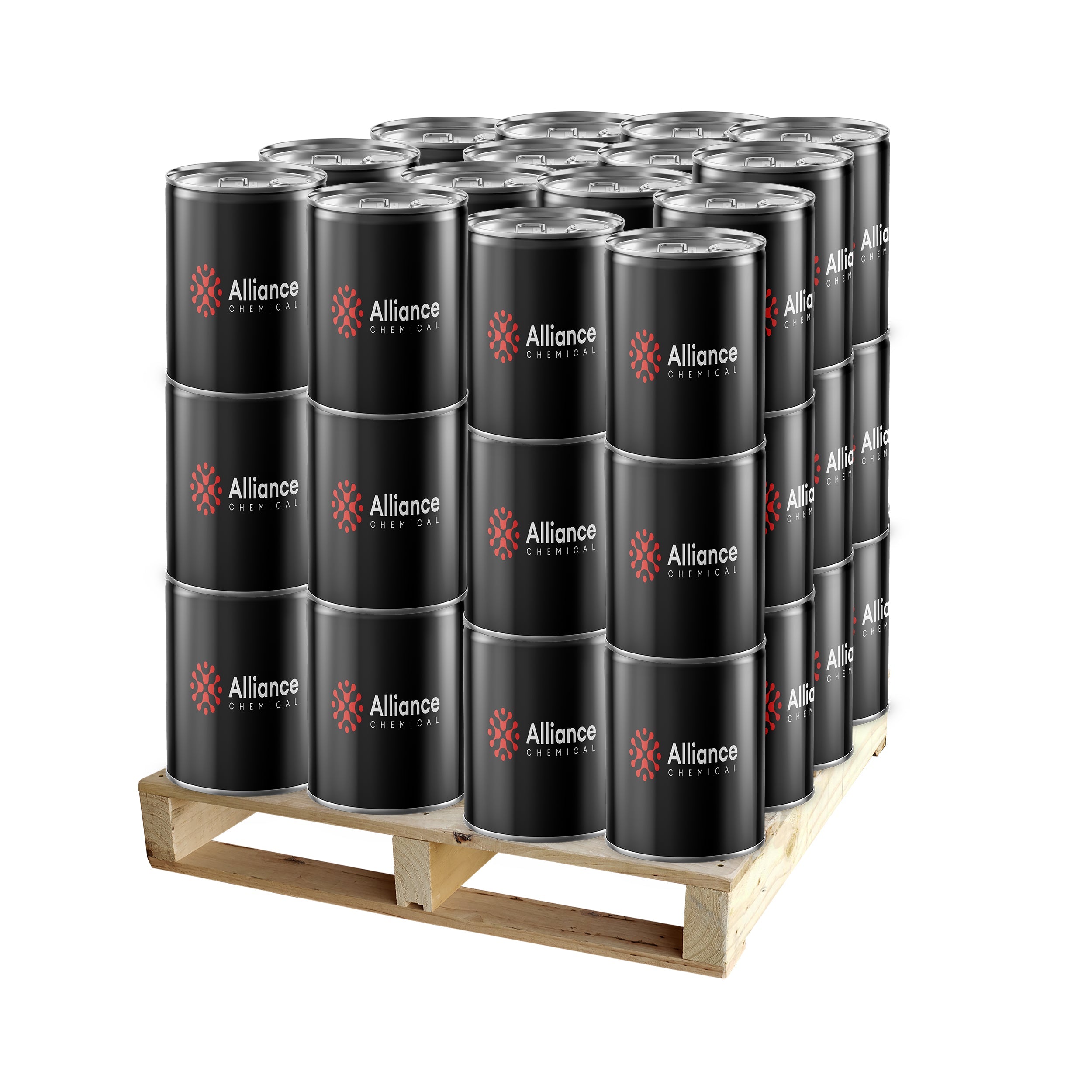 55-gallon drums of VM&P Naphtha, black steel containers with Alliance Chemical branding, stacked on wooden pallet, industrial-grade solvent.
