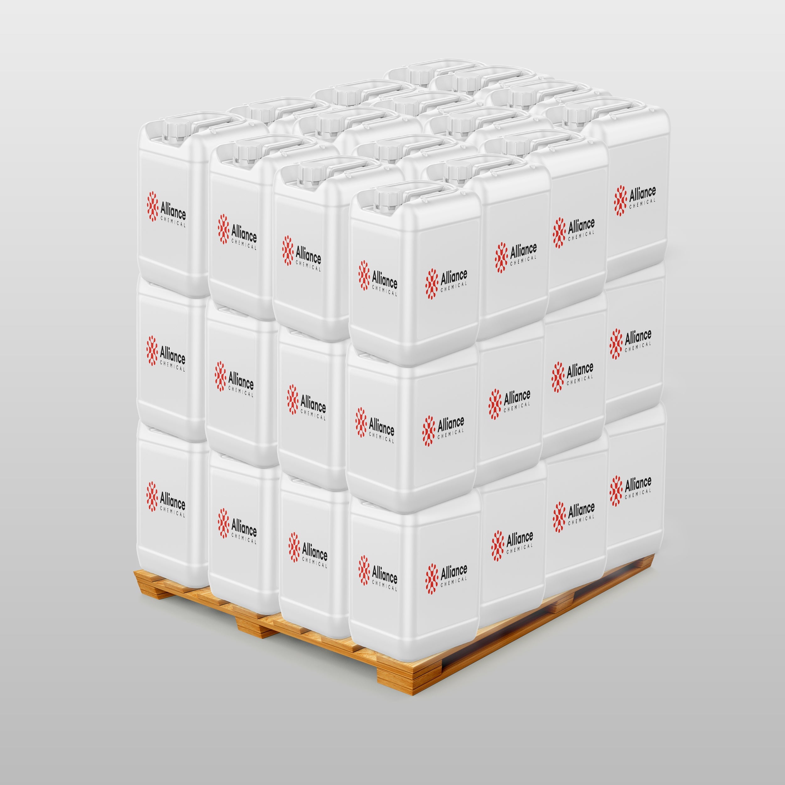 18 stacked 5-gallon white poly pails of Alliance Chemical Type III a-a-59601e arranged on wooden pallet, industrial-grade chemical storage containers.