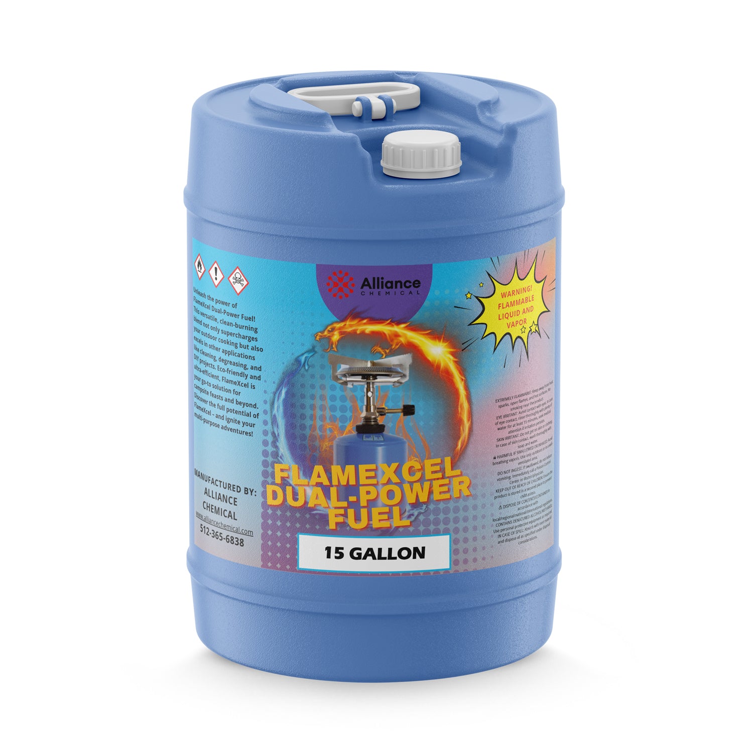 15-gallon blue HDPE carboy of Flamexcel Dual Power Fuel with flammable warning symbols, secure cap system, and flame-burst branding graphics.