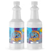 1-quart Flamexcel Dual-Power industrial fuel in white HDPE bottles with ribbed grip design, hazard warning symbols, blue-purple gradient label.