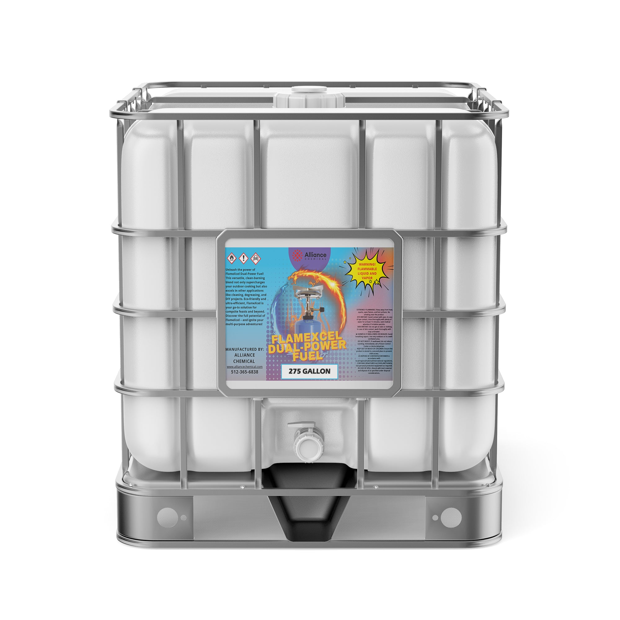 275-gallon IBC tote of Flamexcel Dual-Power Fuel with metal cage frame, integrated spigot, hazard symbols, and industrial-grade chemical storage label.