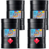 4x55-gallon drums of Flamexcel Dual-Power Fuel, black industrial containers with flammable liquid Class 3 warning diamonds, blue product labels by Alliance Chemical.