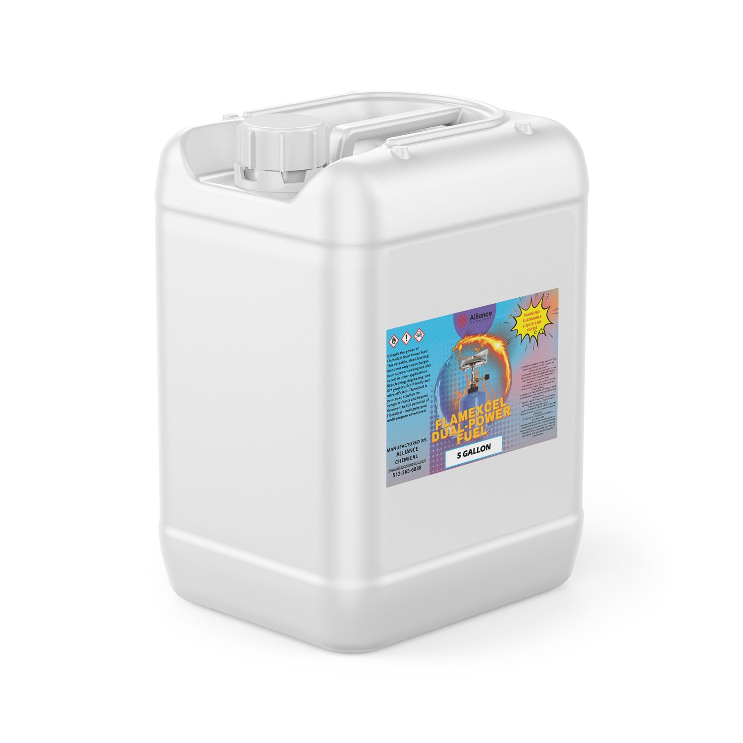 5-gallon white HDPE container of Flamexcel Dual Power Fuel by Alliance Chemical, featuring hazard warning symbols and secure screw-top cap.