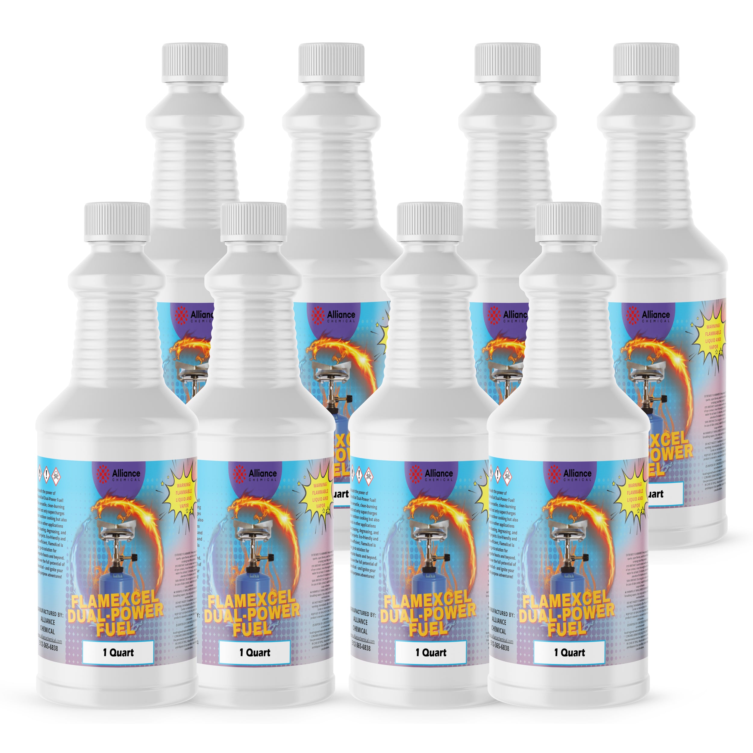 8x1 quart Flamexcel Dual Power Fuel in white HDPE bottles with ribbed design, blue labels featuring flame graphics and chemical hazard symbols.