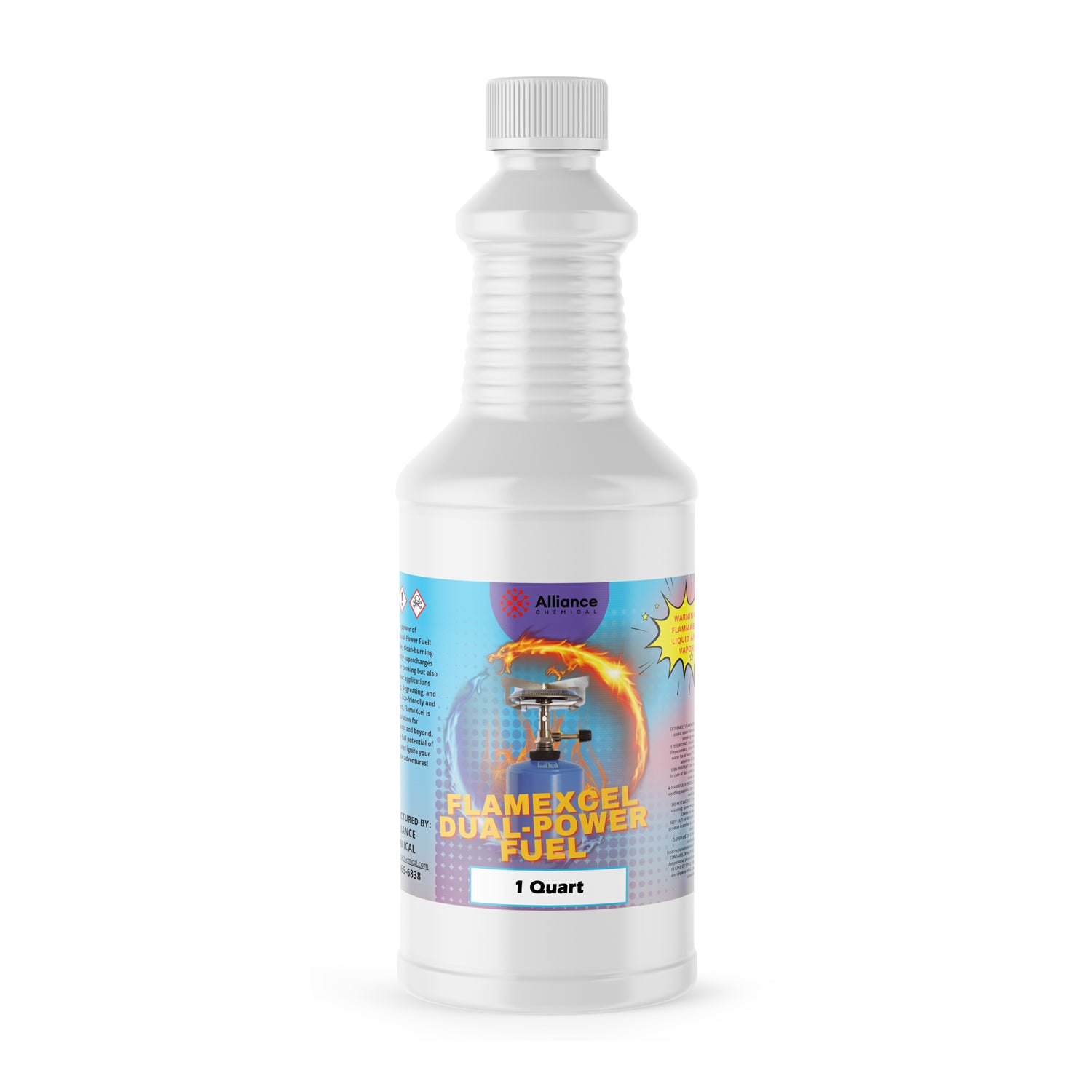 1-quart Flamexcel Dual-Power Fuel in white HDPE bottle with ribbed grip design, blue gradient label, hazard symbols, and threaded safety cap.