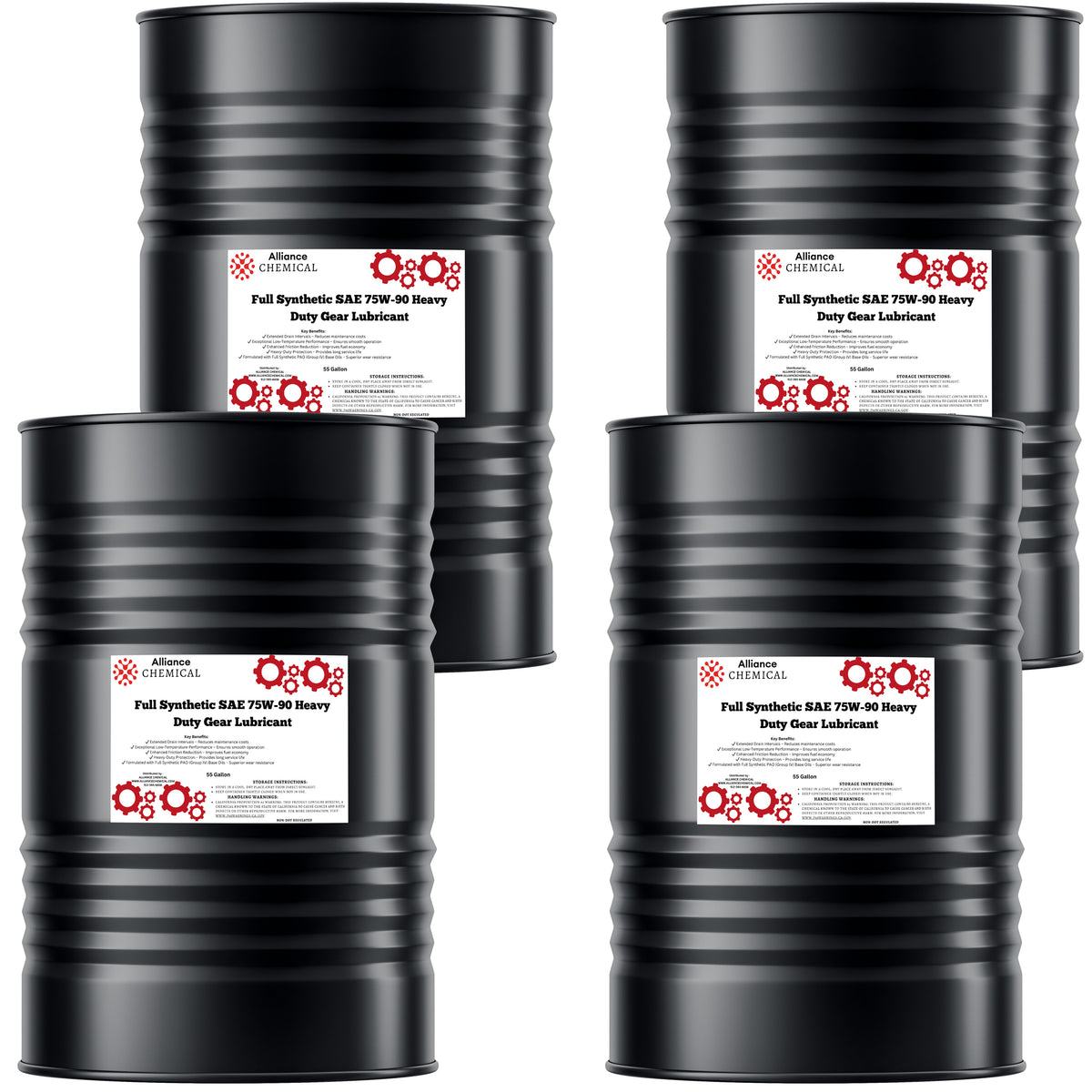 Alliance Chemical full synthetic SAE 75W-90 heavy duty gear lubricant in four black 55-gallon steel drums