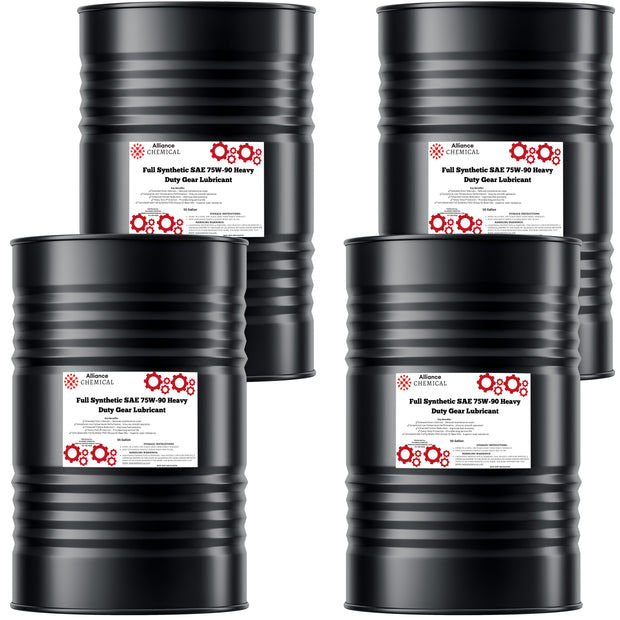 Alliance Chemical full synthetic SAE 75W-90 heavy duty gear lubricant in four black 55-gallon steel drums