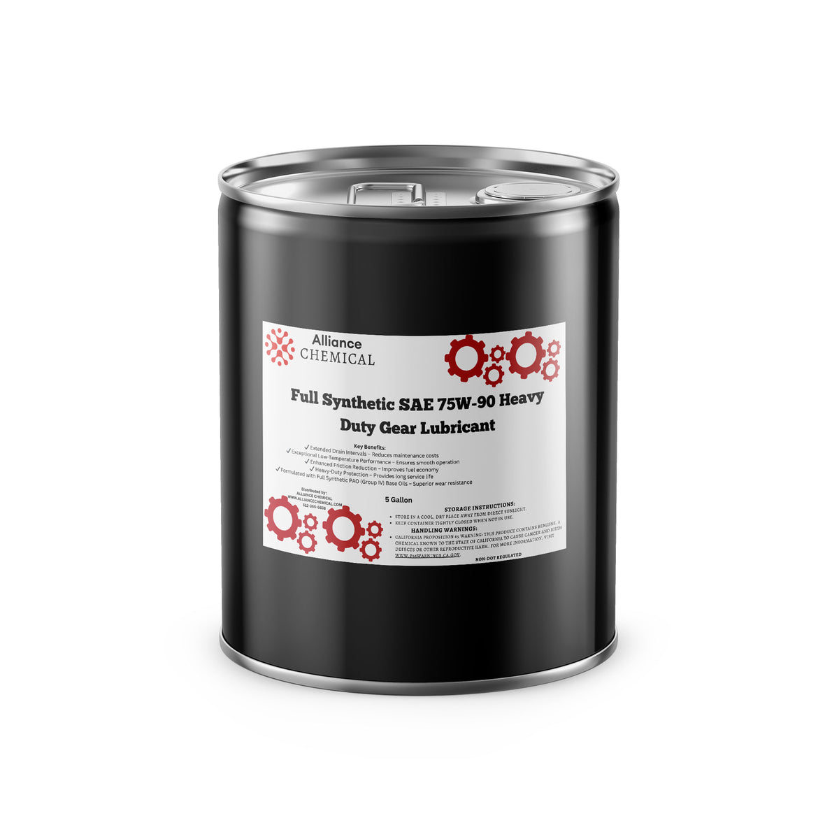 Alliance Chemical full synthetic SAE 75W-90 heavy duty gear lubricant in 5-gallon black steel pail with label