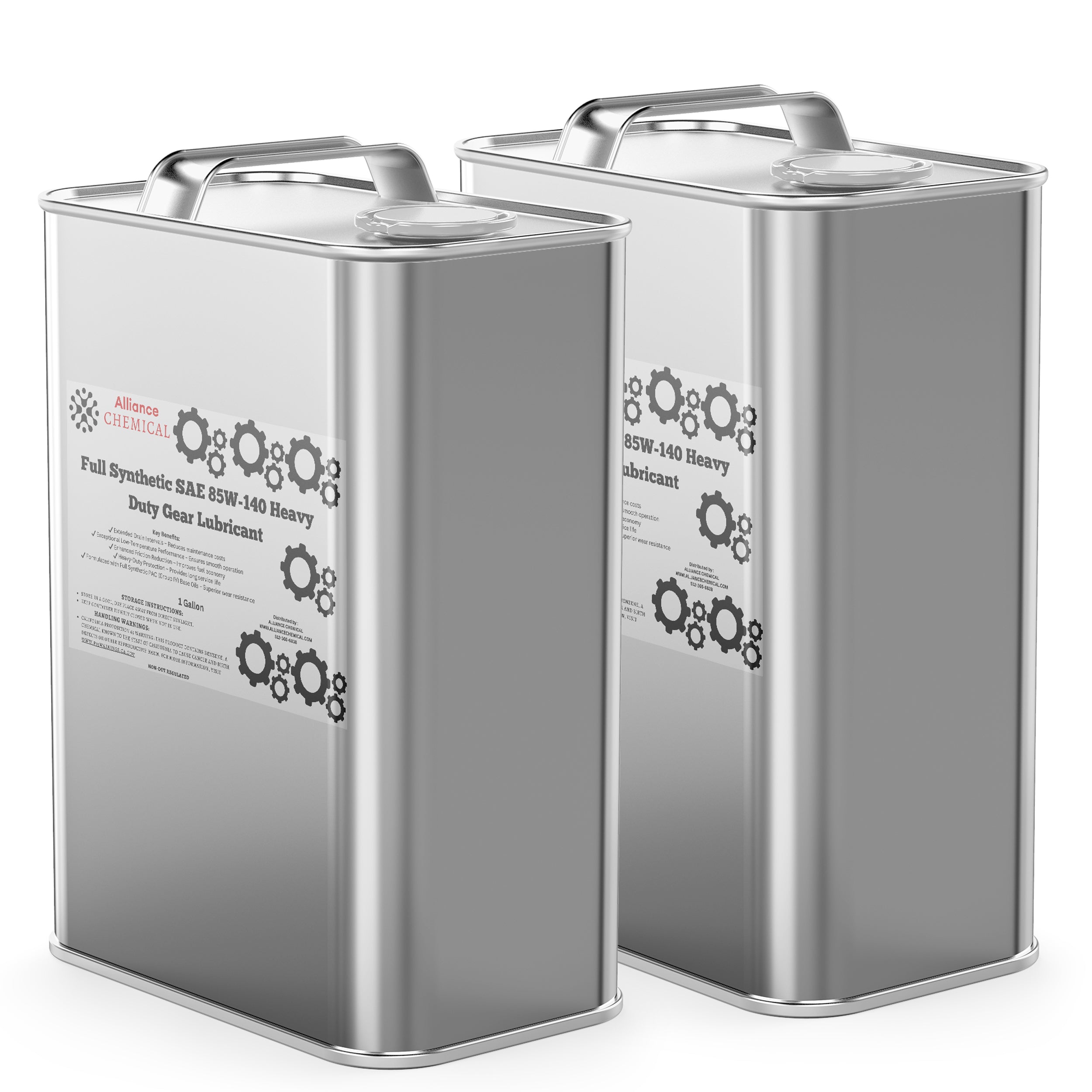 Alliance Chemical full synthetic SAE 85W-140 heavy duty gear lubricant in two 1-gallon metal cans with handles