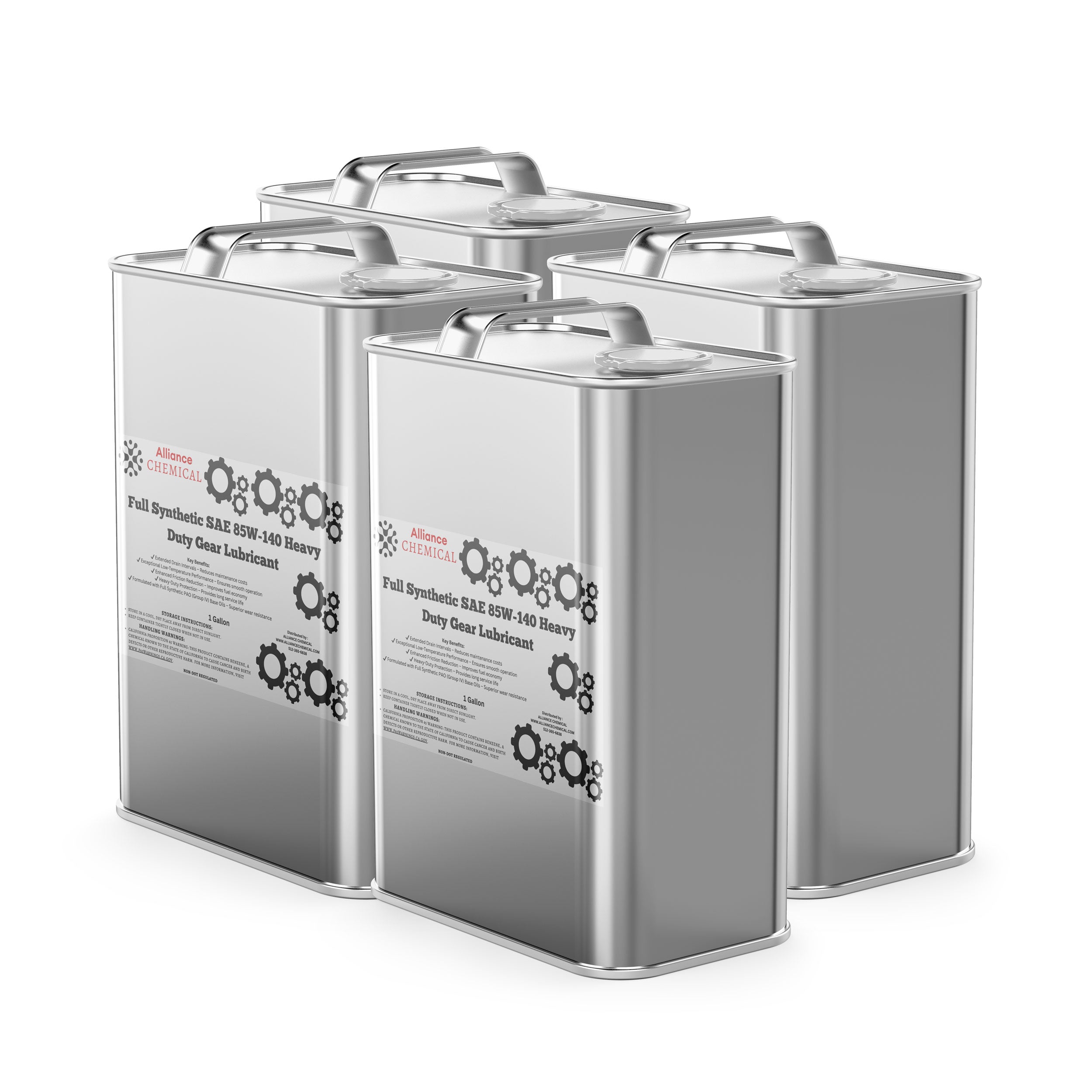 Alliance Chemical full synthetic SAE 85W-140 heavy duty gear lubricant in silver 1-gallon metal cans