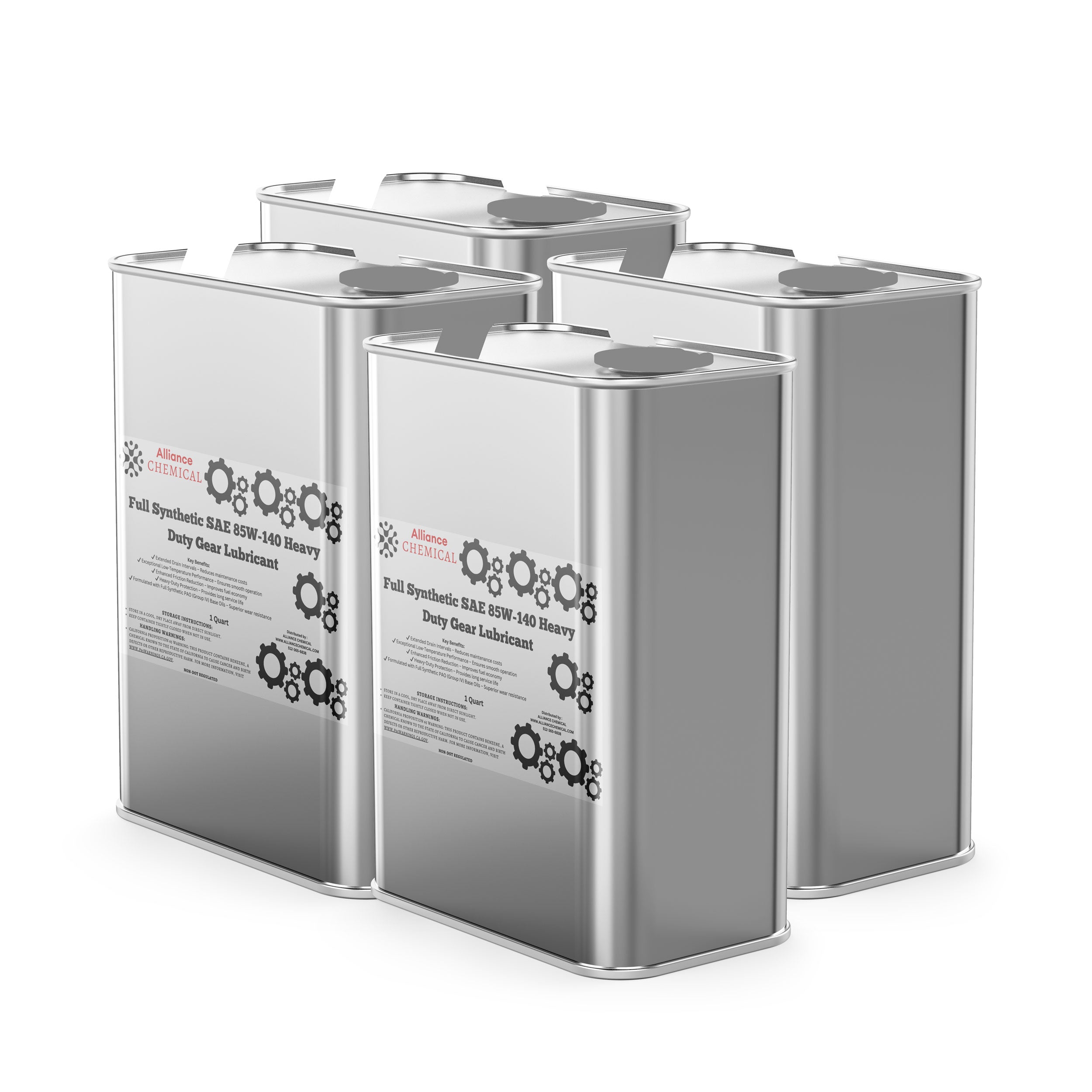 Alliance Chemical full synthetic SAE 85W-140 heavy duty gear lubricant in four silver 1-gallon cans