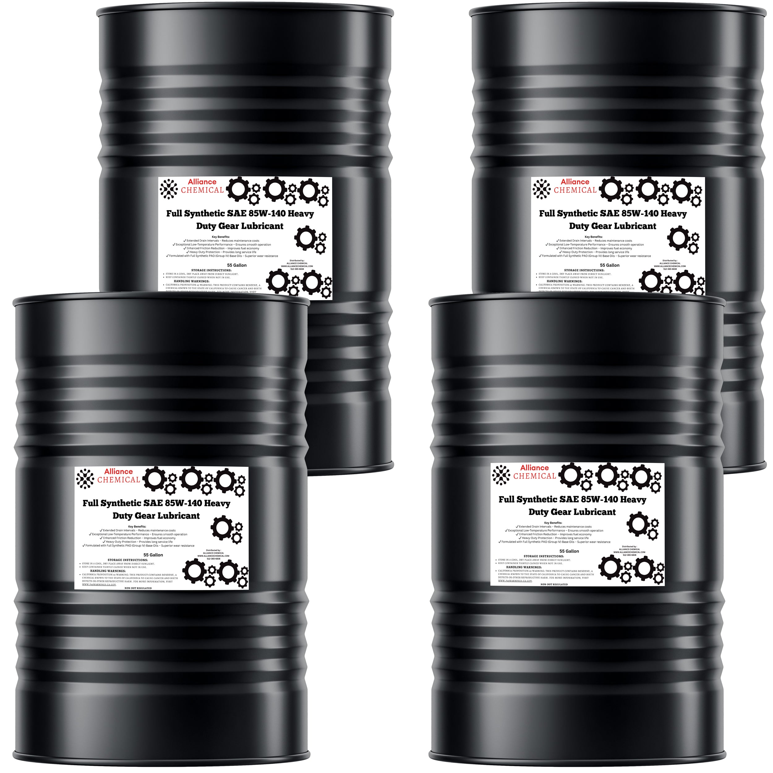 Alliance Chemical full synthetic SAE 85W-140 heavy duty gear lubricant in four black 55-gallon steel drums