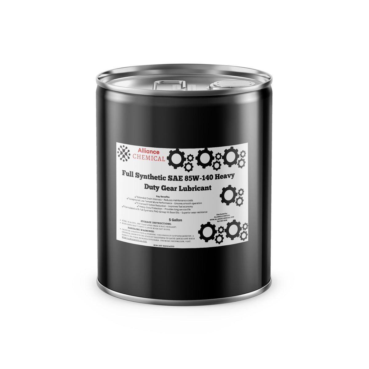 Alliance Chemical full synthetic SAE 85W-140 heavy duty gear lubricant in black 5-gallon steel pail