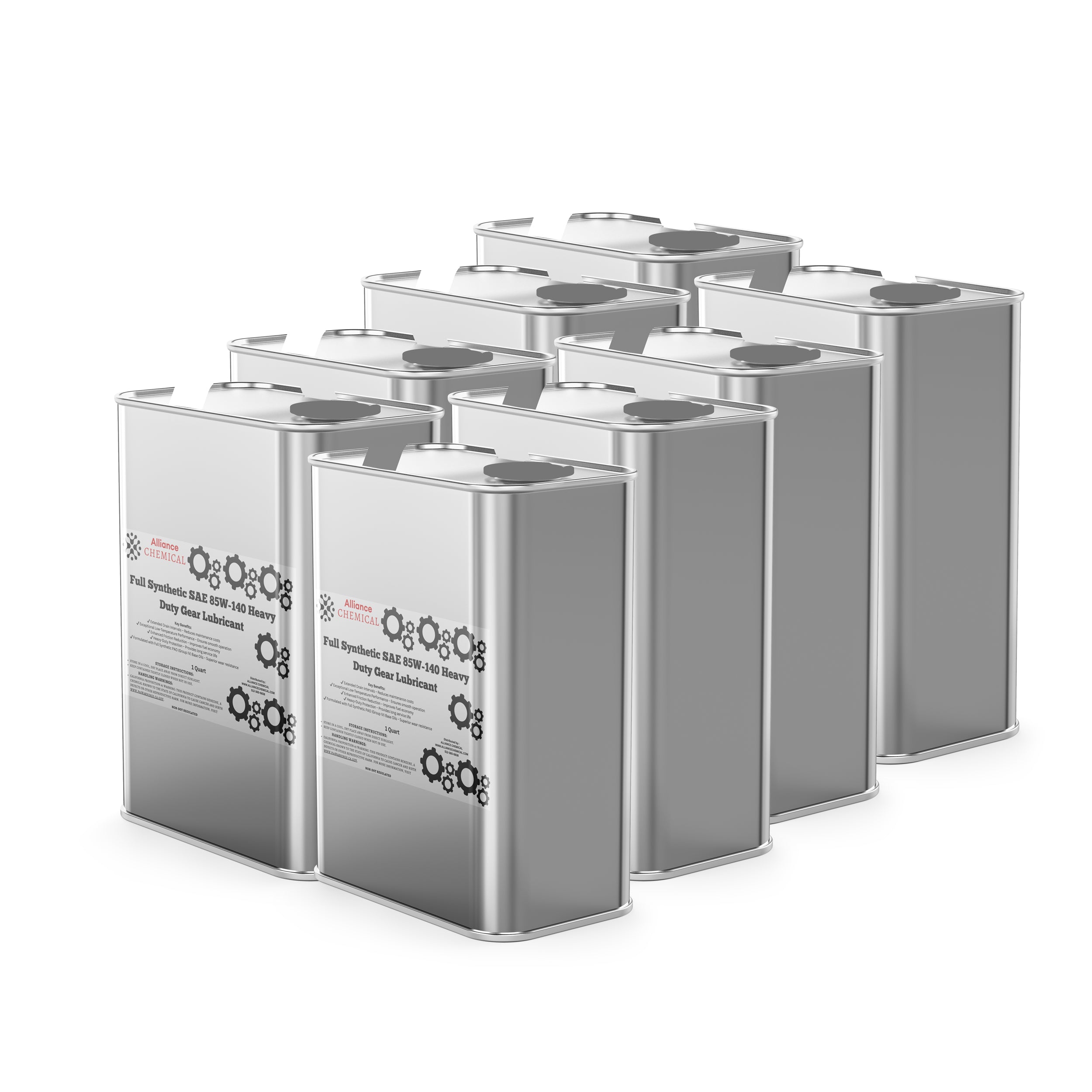 Alliance Chemical full synthetic SAE 85W-140 heavy duty gear lubricant in silver 1-gallon metal cans