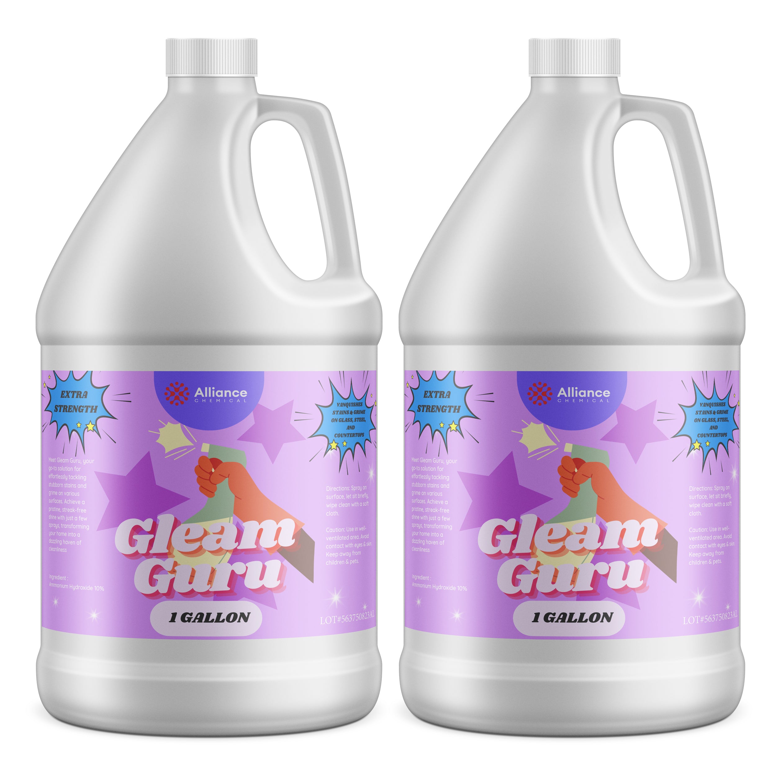 1-gallon HDPE jugs of Gleam Guru industrial cleaning solution by Alliance Chemical, featuring purple labels with extra-strength formula indicators.