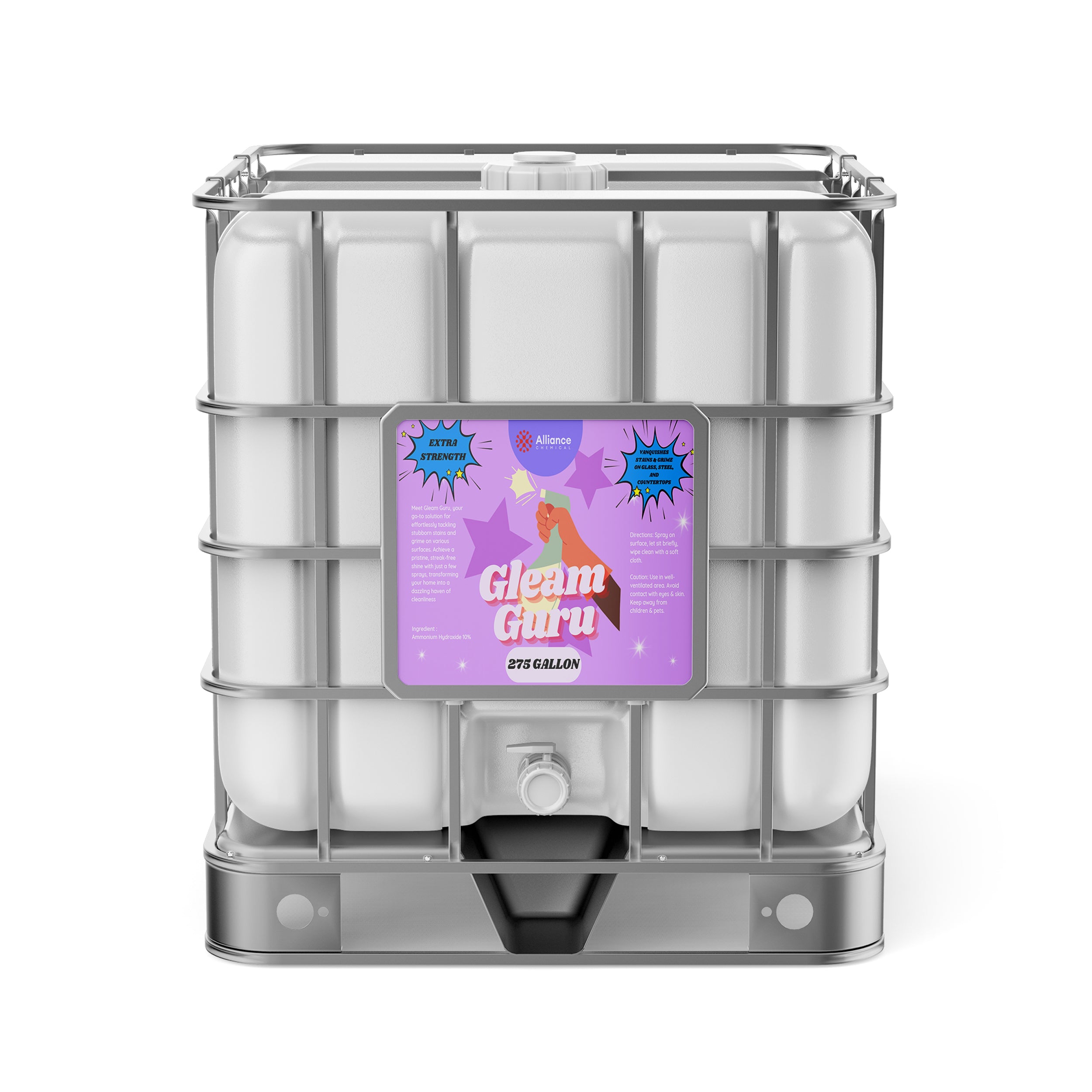275-gallon IBC tote of Gleam Guru industrial cleaning solution in white HDPE container with metal cage, dispensing valve, and purple labeling.