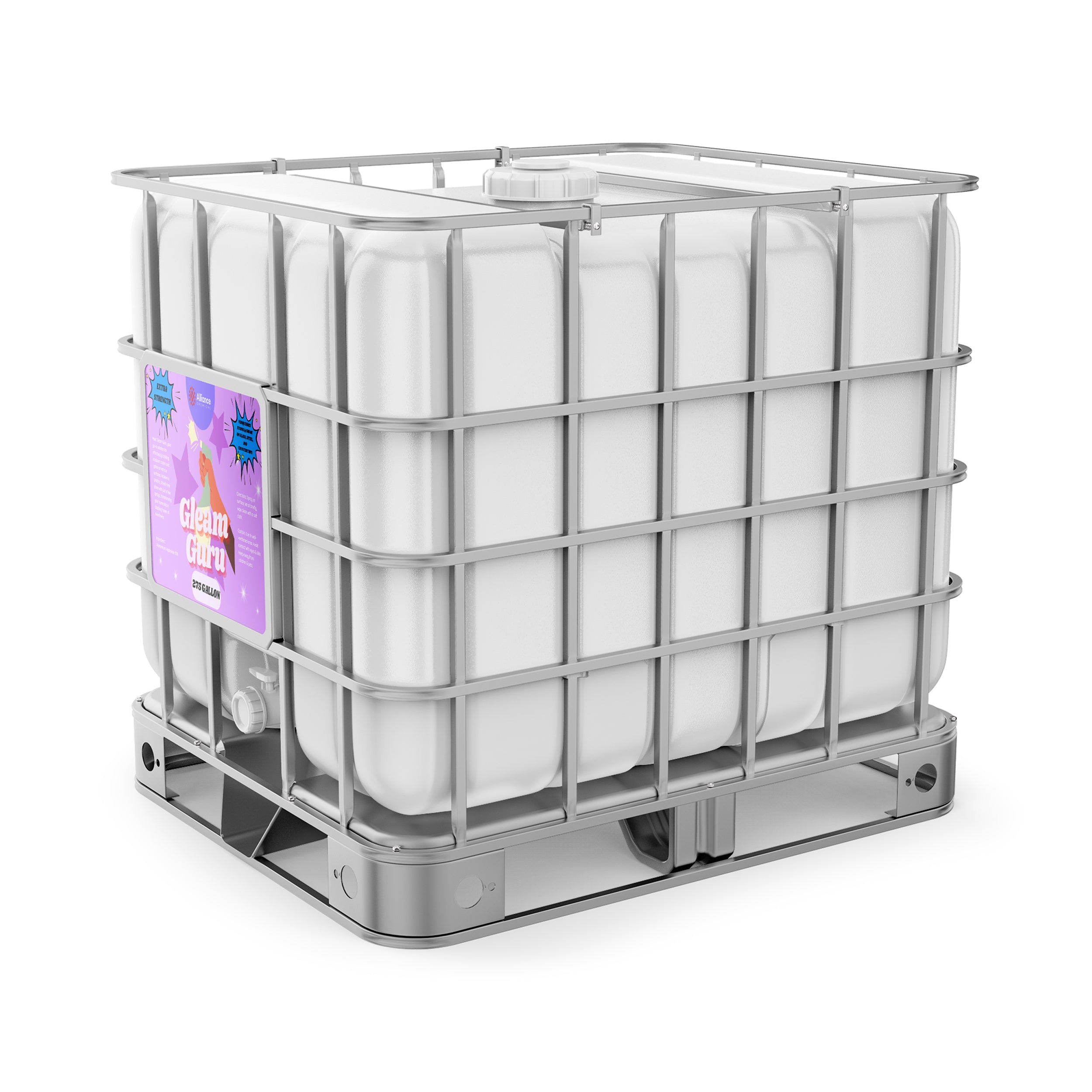 275-gallon IBC tote of Gleam Guru ammonia cleaning solution in white HDPE container with metal cage, pallet base, and purple product label.