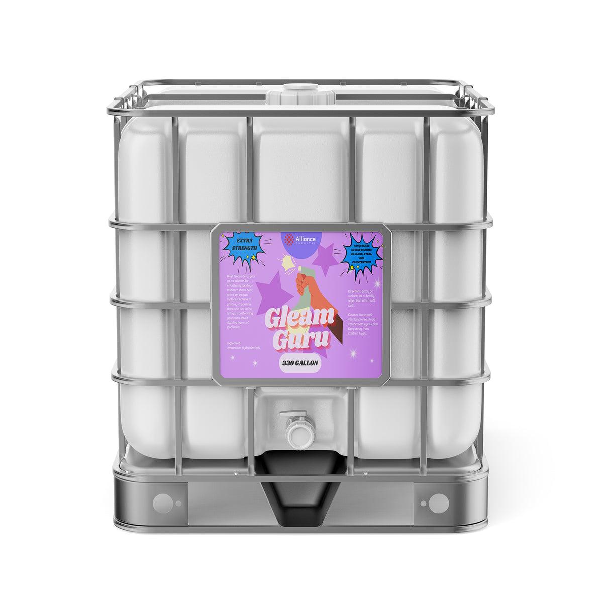 330-gallon Alliance Chemical Gleam Guru tote with a metal cage, white plastic container, and product label.