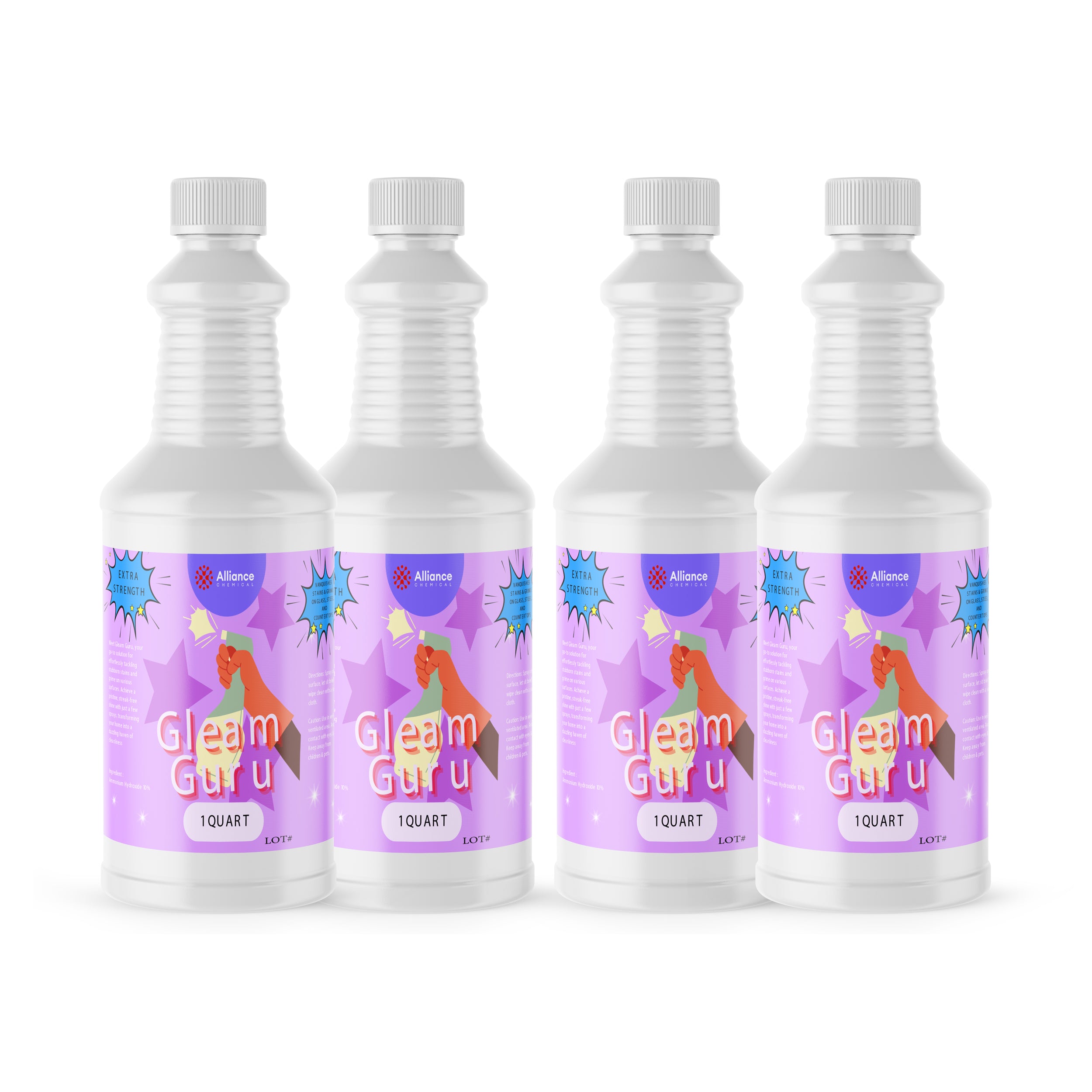 4x1-quart plastic bottles of Gleam Guru ammonia-based cleaning solution, featuring purple labels with Alliance Chemical branding and star burst design.