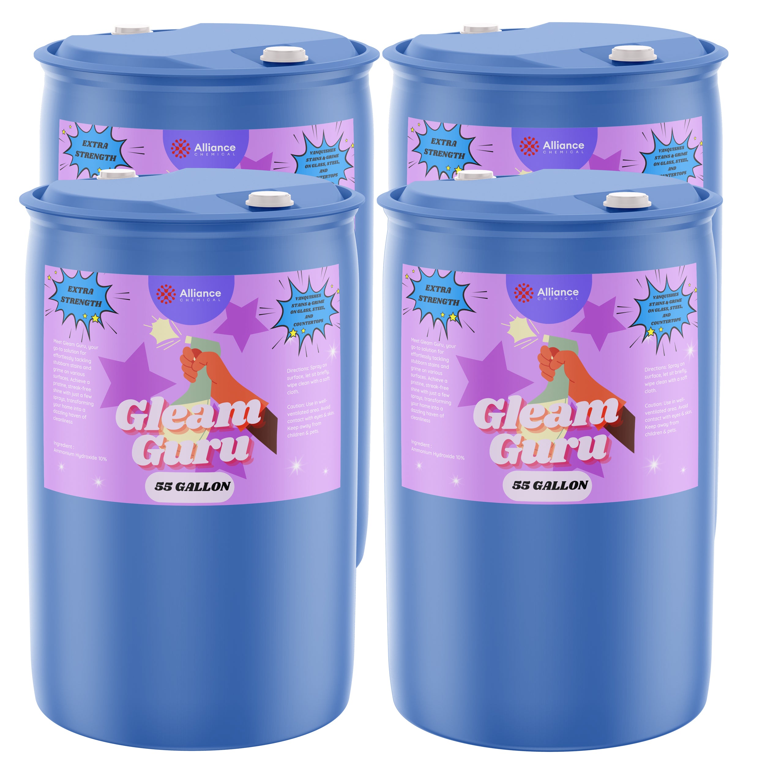 4x55-gallon blue HDPE drums of Gleam Guru extra-strength ammonia cleaning solution, Alliance Chemical brand, with purple-themed labels and safety caps.