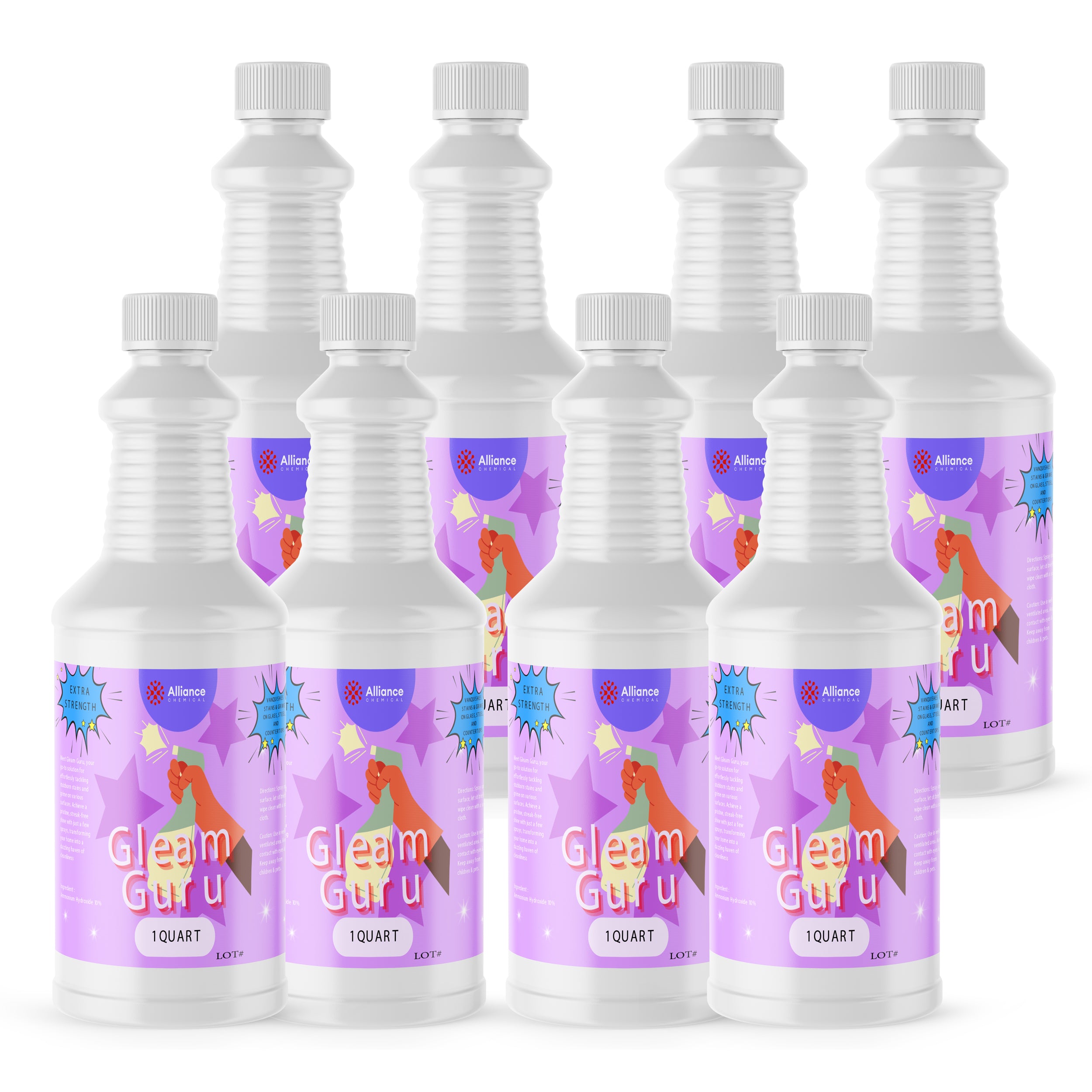 8x1-quart Gleam Guru ammonia-based cleaning solution in white HDPE bottles with purple labels, Alliance Chemical brand, extra-strength formula.