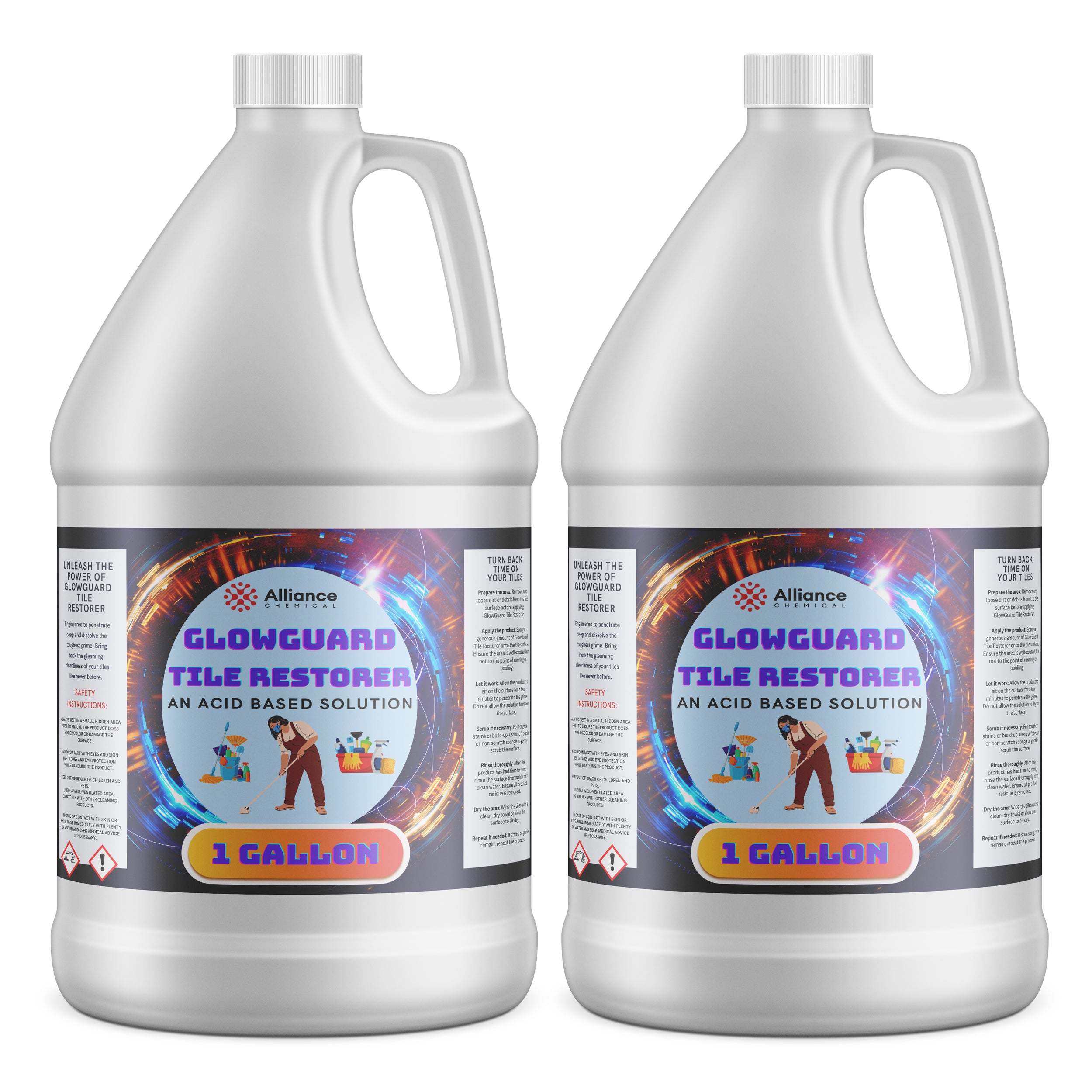 1-gallon HDPE jugs of GlowGuard Tile Restorer acid-based cleaning solution with hazard symbols, Alliance Chemical branded label, and safety instructions.