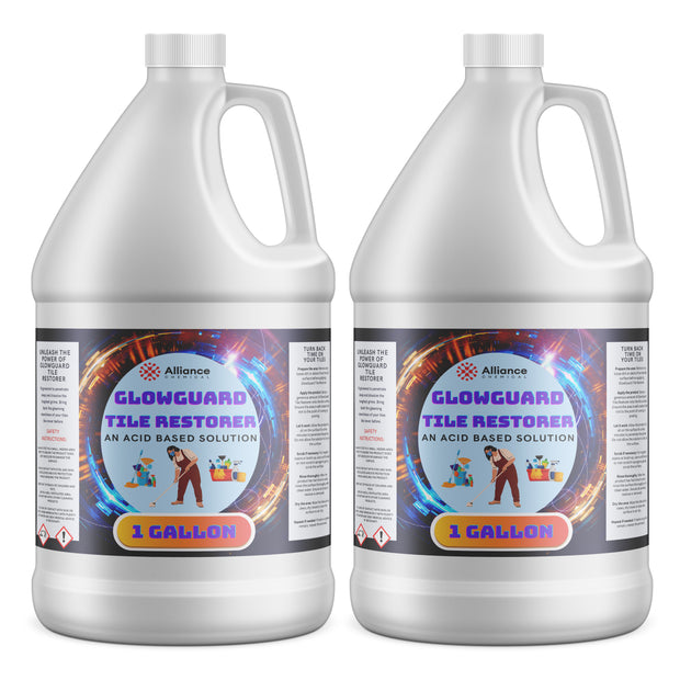 1-gallon HDPE jugs of GlowGuard Tile Restorer acid-based cleaning solution Alliance Chemical branded label, and safety