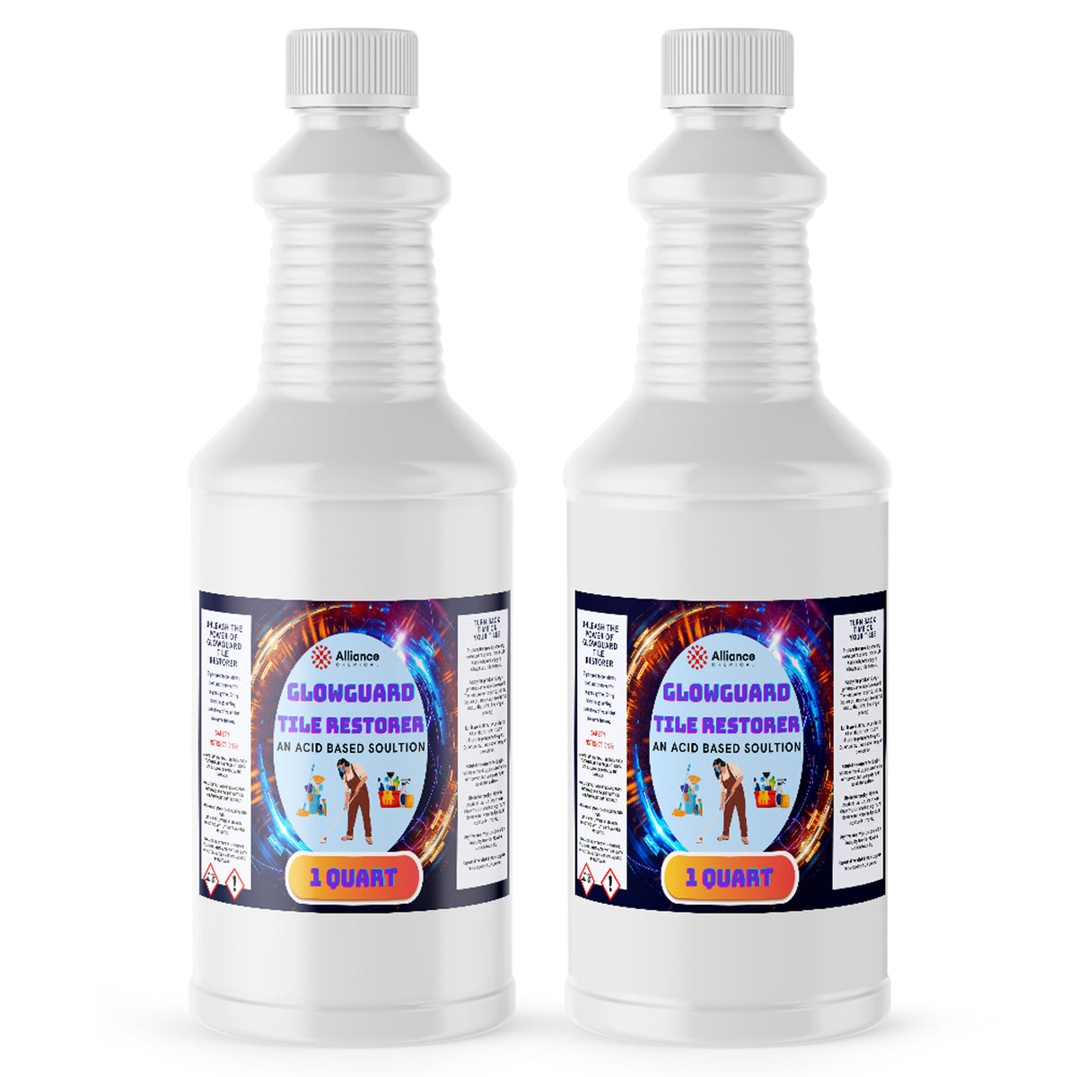 Two 1-quart plastic bottles of Alliance Chemical Glowguard Tile Restorer with white caps and product labels.