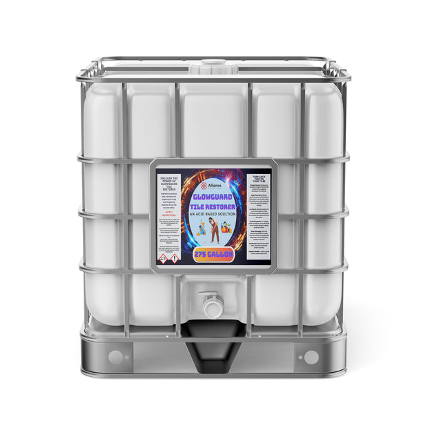 275-gallon plastic tote of Alliance Chemical Glowguard Tile Restorer with a steel cage and a label.