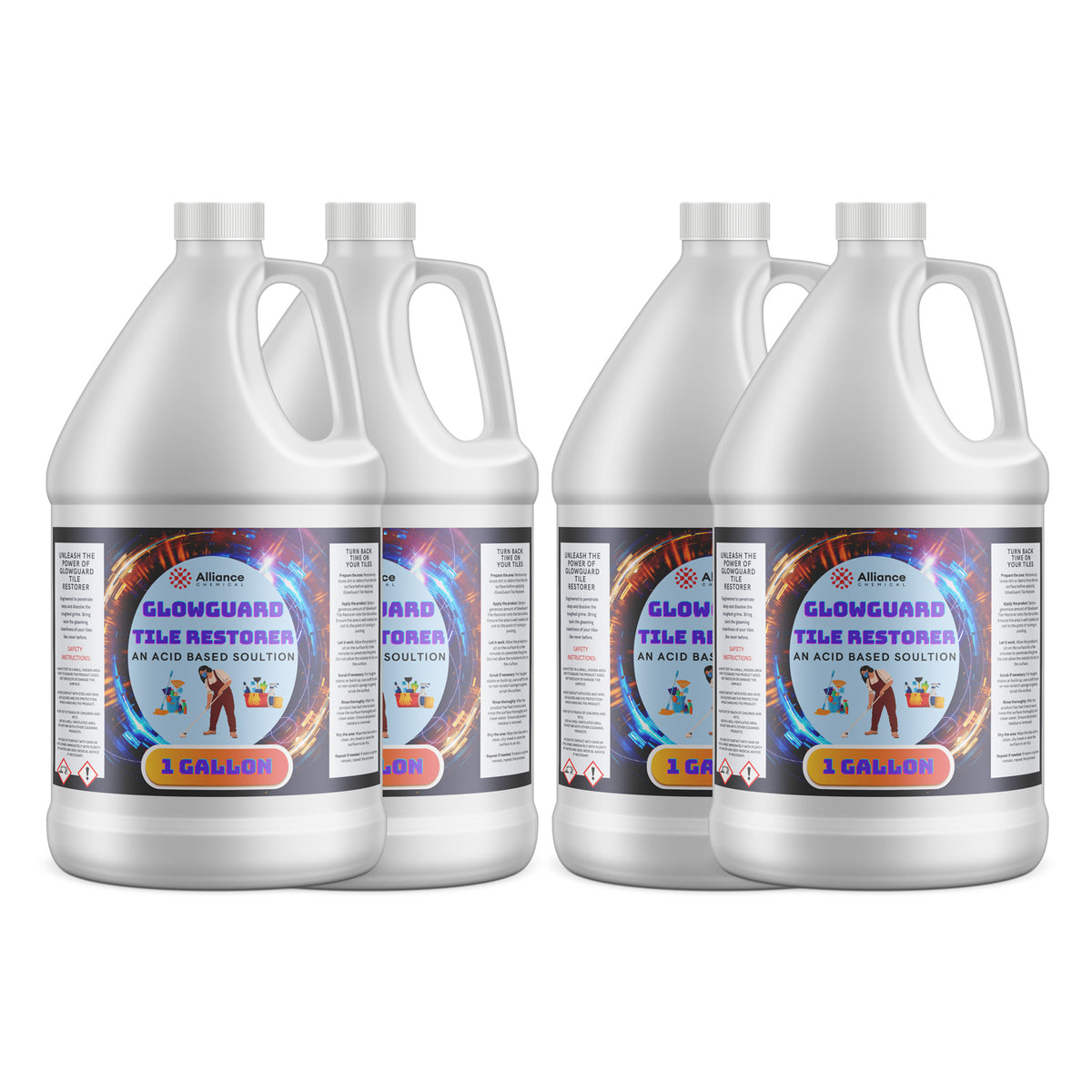 4x1-gallon HDPE jugs of Glowguard Tile Restorer acid-based solution by Alliance Chemical