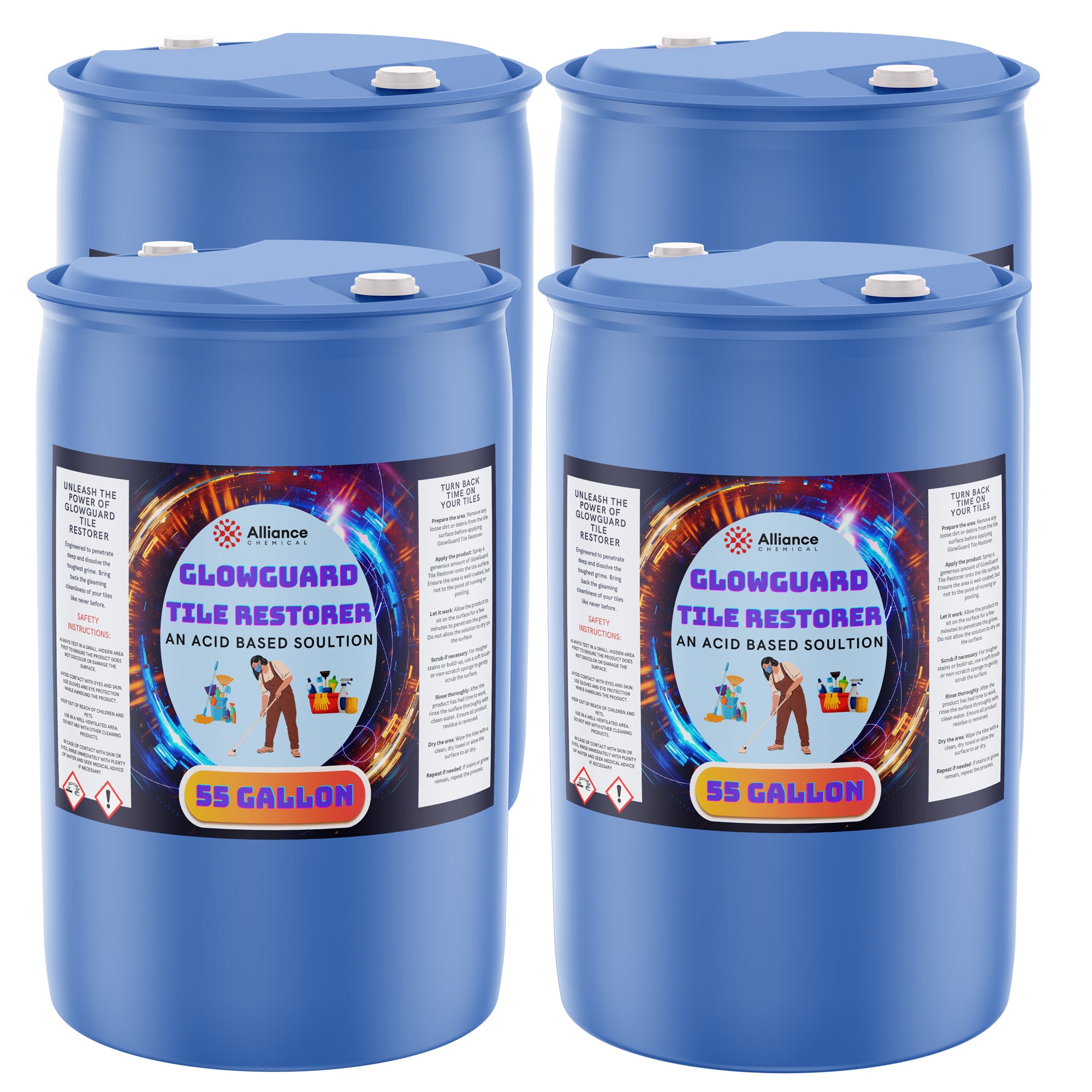 55-gallon blue HDPE drums of Glowguard Tile Restorer acid-based solution, featuring Alliance Chemical branding, hazard symbols, and safety instructions, 4-pack configuration.