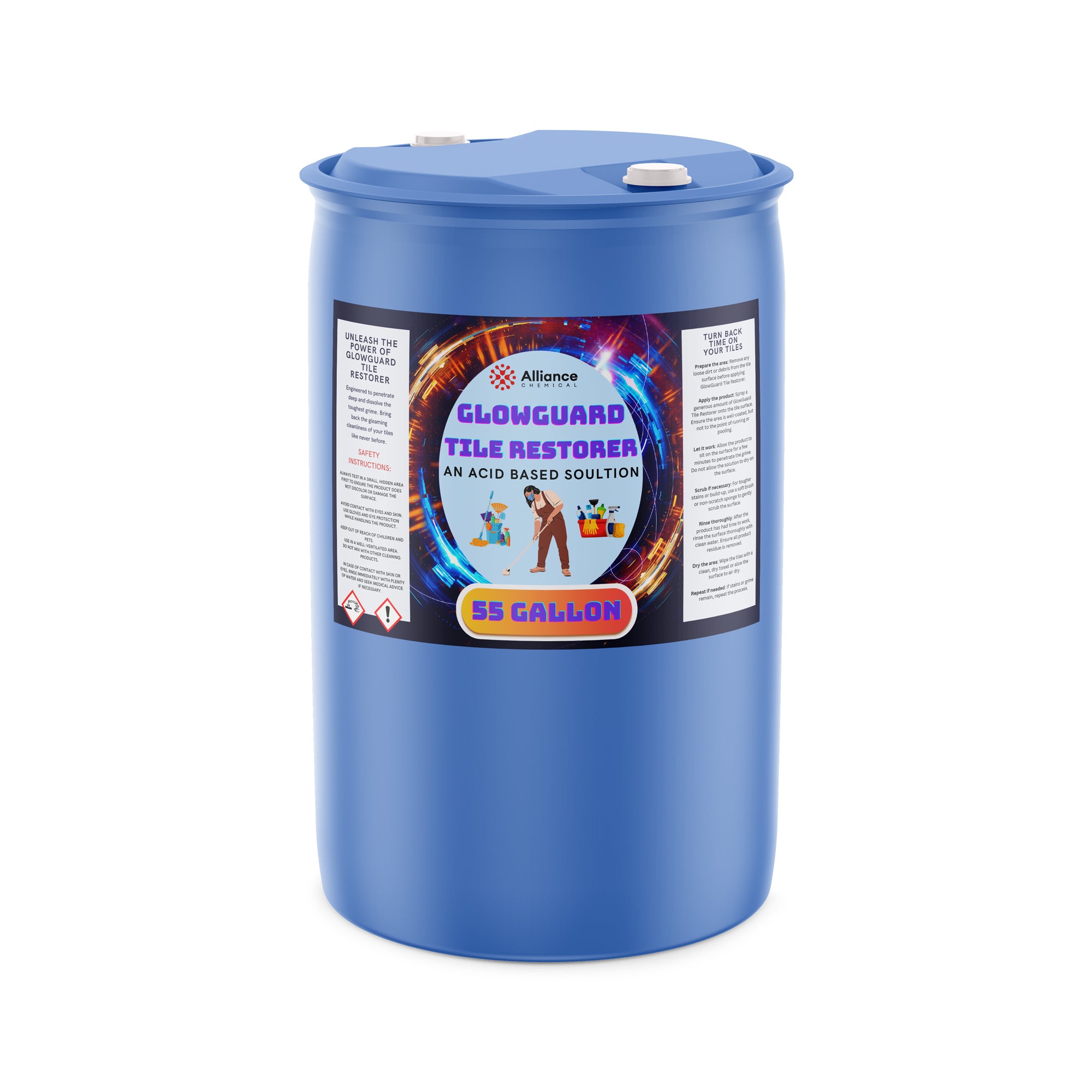 55-gallon blue polyethylene drum of Glowguard Tile Restorer, acid-based industrial cleaning solution, featuring GHS hazard symbols and safety instructions.