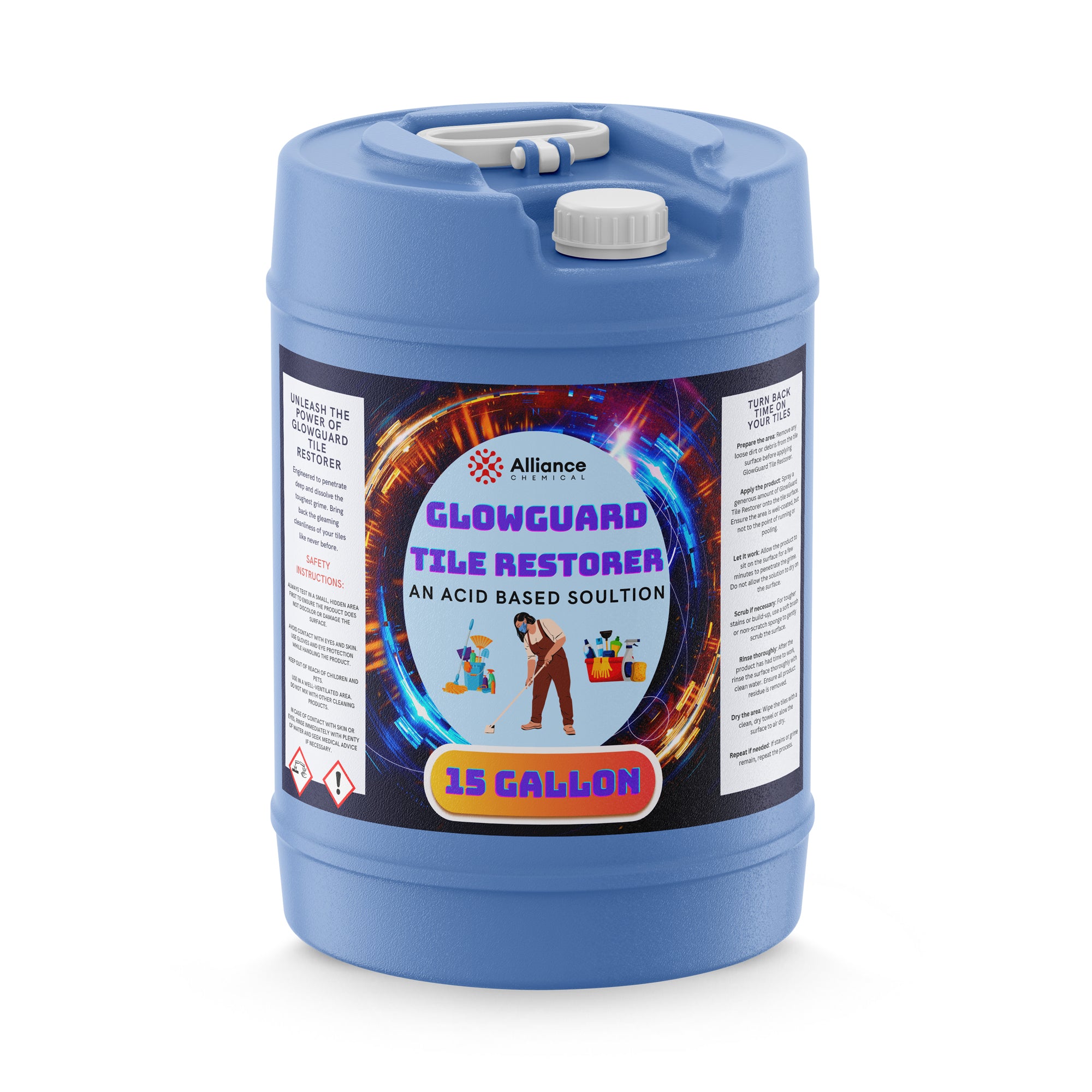 15-gallon blue HDPE carboy of GlowGuard Tile Restorer acid-based cleaning solution, featuring hazard pictograms and illustrated safety instructions.