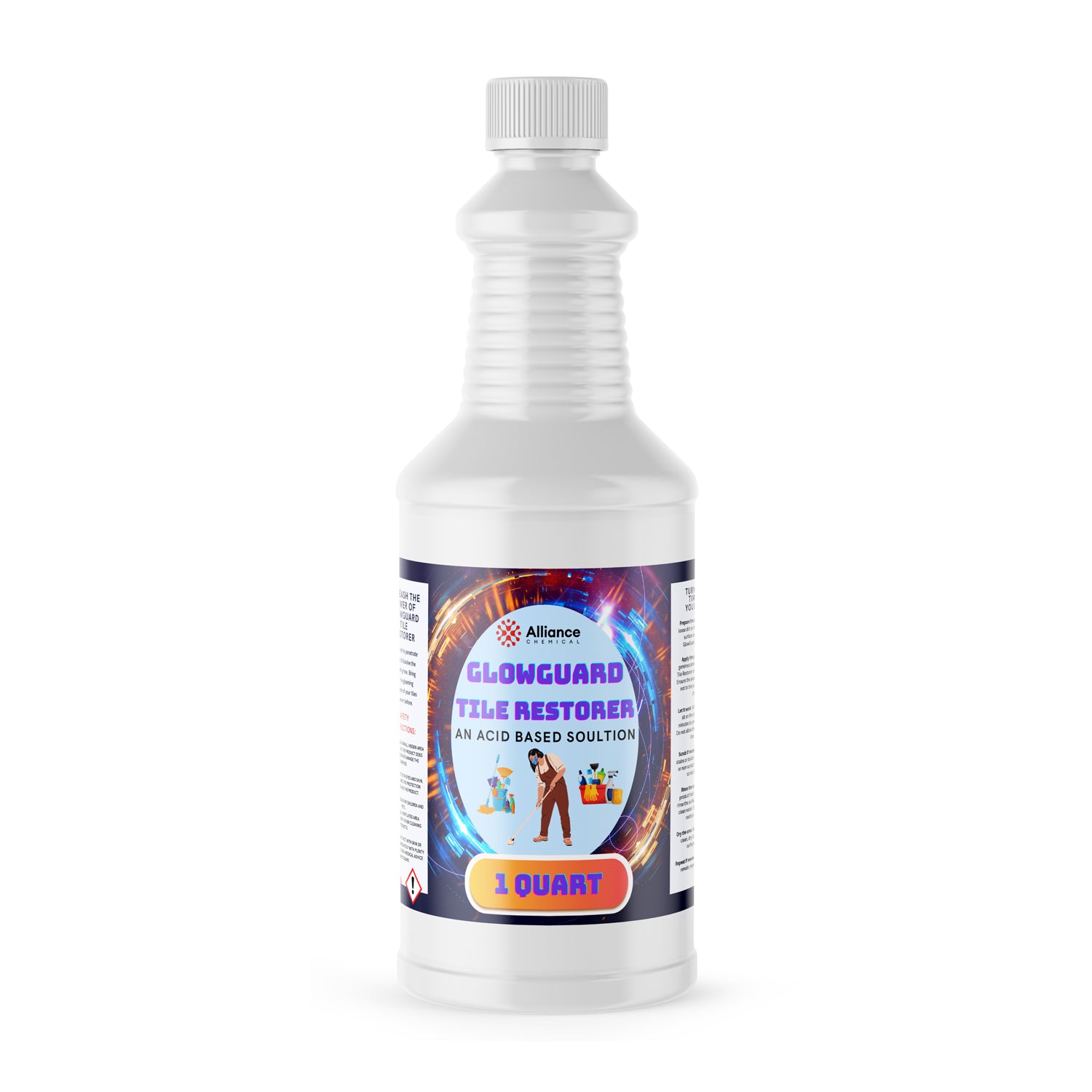 1-quart Glowguard Tile Restorer acid-based solution in white HDPE bottle with ribbed grip, colorful label design, and hazard warning symbol.