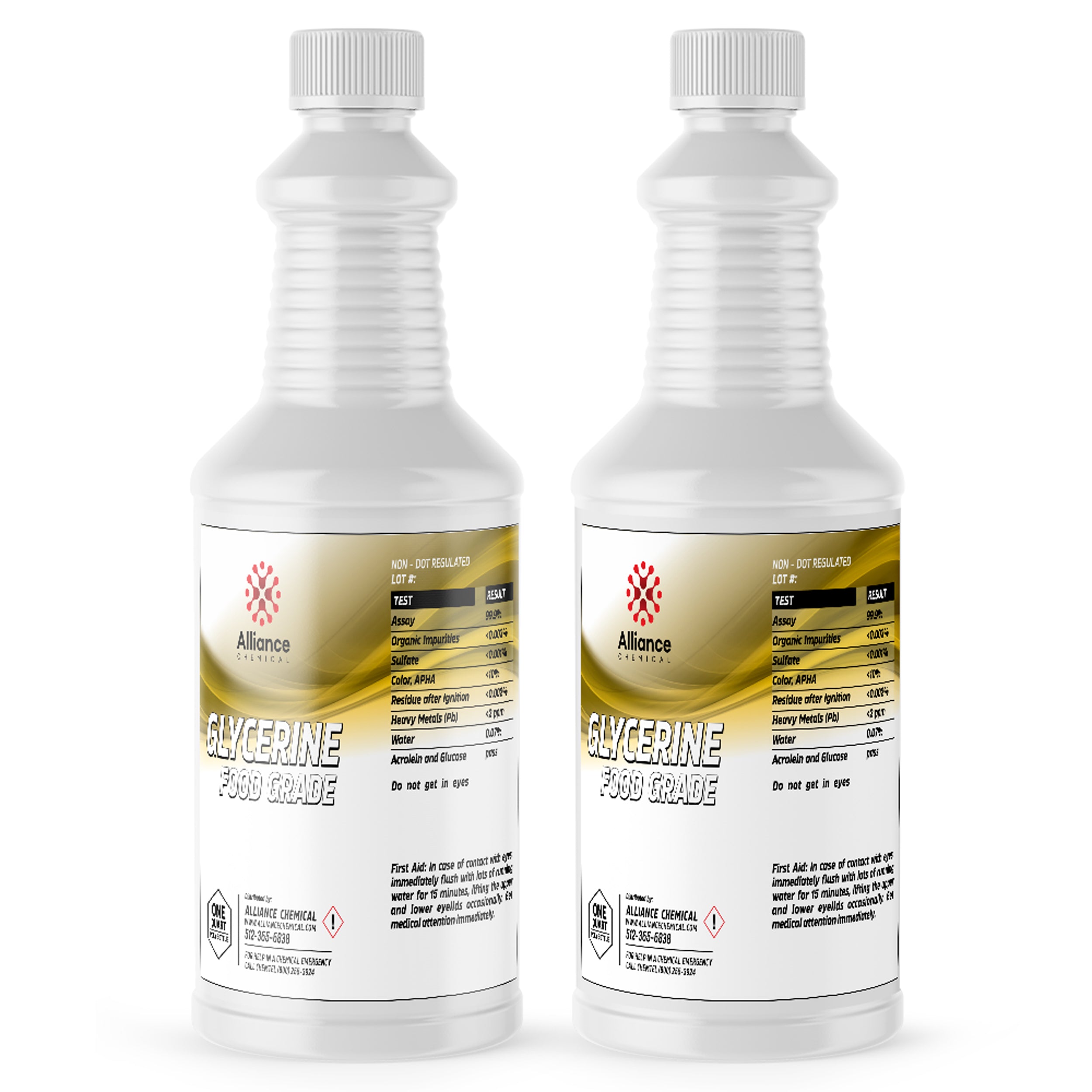 Two 1-quart bottles of Alliance Chemical food-grade glycerine USP in white HDPE containers with ribbed caps, hazard symbol, and gold-accented product labels.